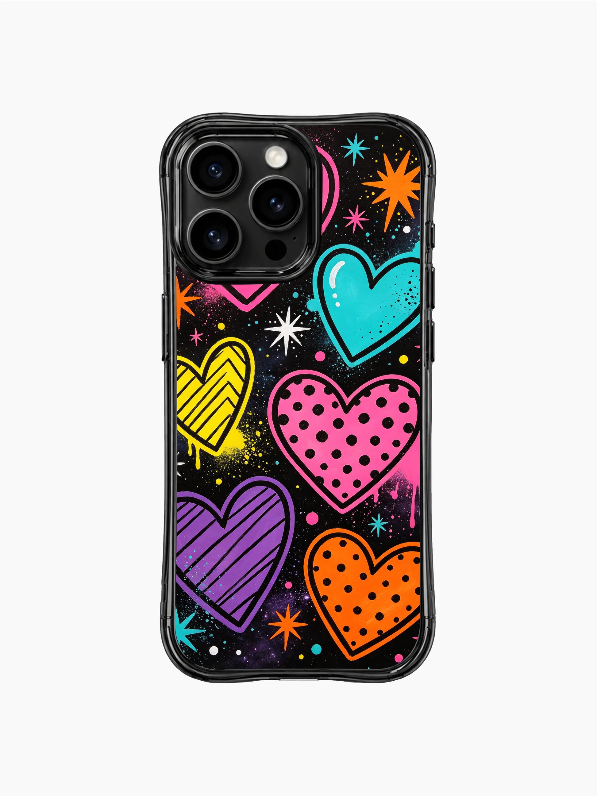 PhoneCasing iPhone 13 Pro Max cover featuring Nova Heartwell Heart Pop Universe rough chalk sketch design, deep matte black backdrop, floating pop rainbow hearts and bold LOVE romantic letter accents
