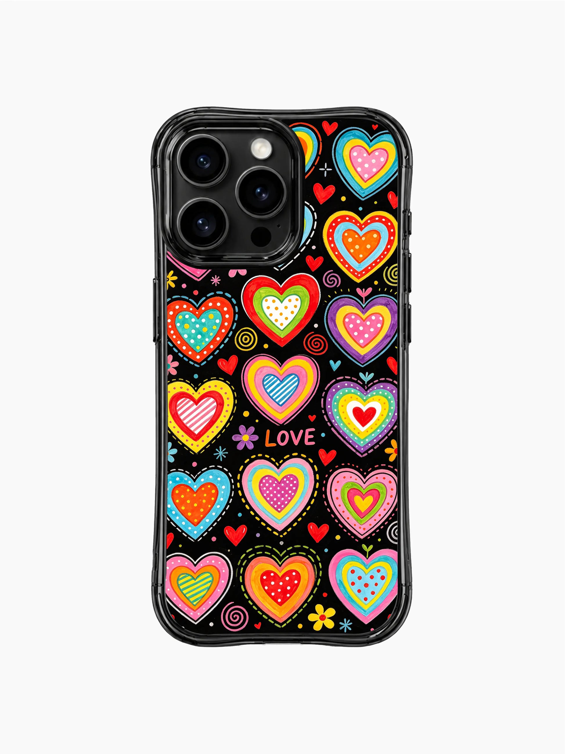 PhoneCasing iPhone 13 Pro Max cover featuring Nova Heartwell candy heart doodle design, textured solid black base, stacked rainbow outline hearts with mixed fill patterns