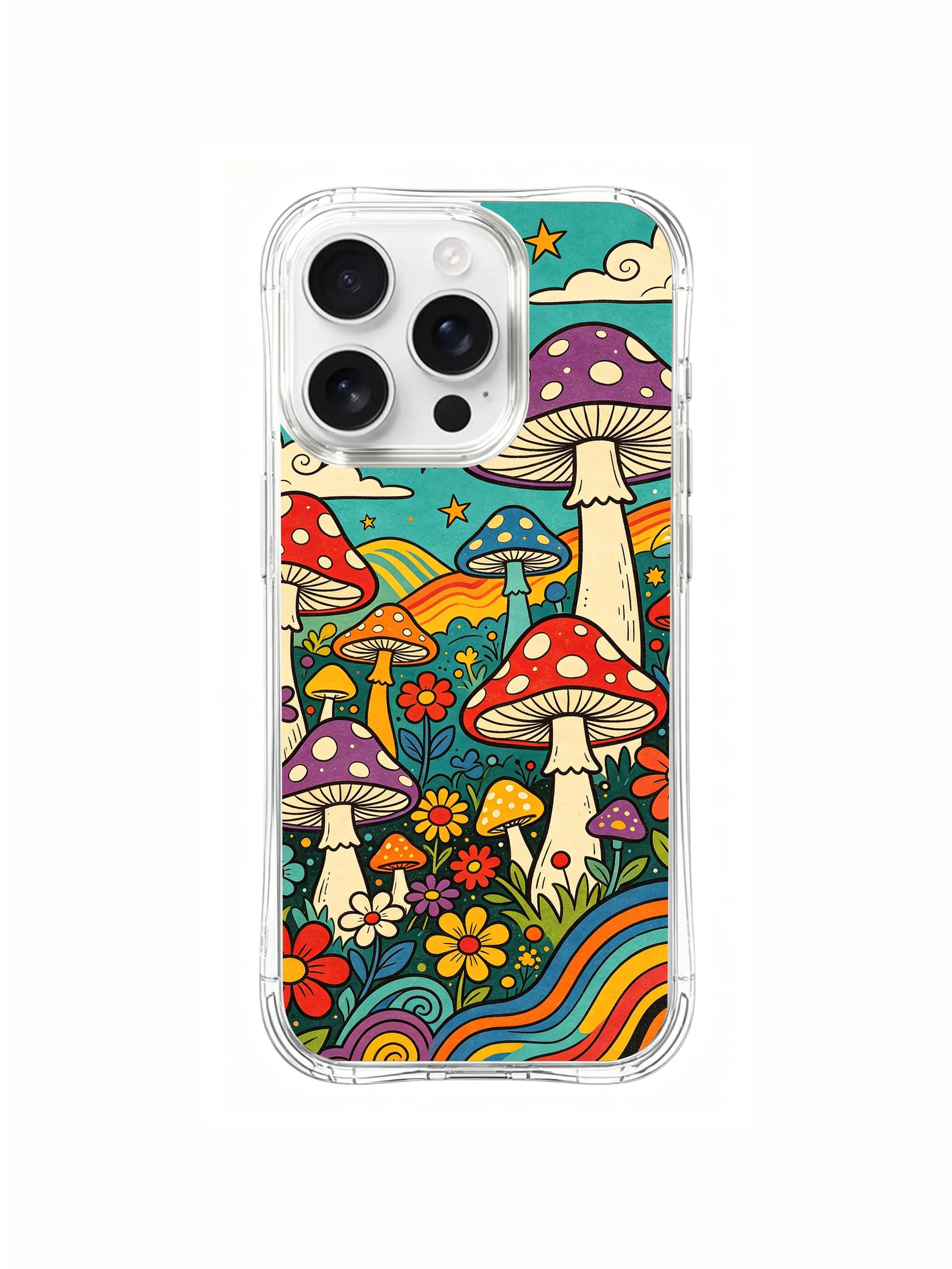 PhoneCasing iPhone 16 pro max Case, premium fade-proof fine art casing with deep teal backdrop & densely arranged fungi + mixed blossom layout, exclusive Luna Moss collab California crafted casing