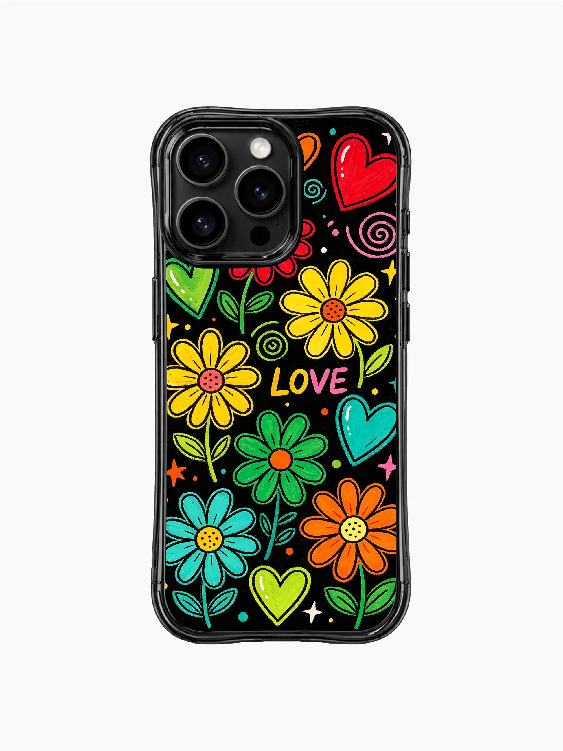 PhoneCasing iPhone 13 Pro Max casing solid deep black background that makes neon daisy and heart hues glow vividly, balanced gentle romantic everyday phone cover.