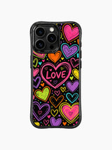 PhoneCasing iPhone 13 Pro Max casing deep solid black background that makes neon rainbow hearts pop, balanced contrast chaotic romantic everyday phone cover.