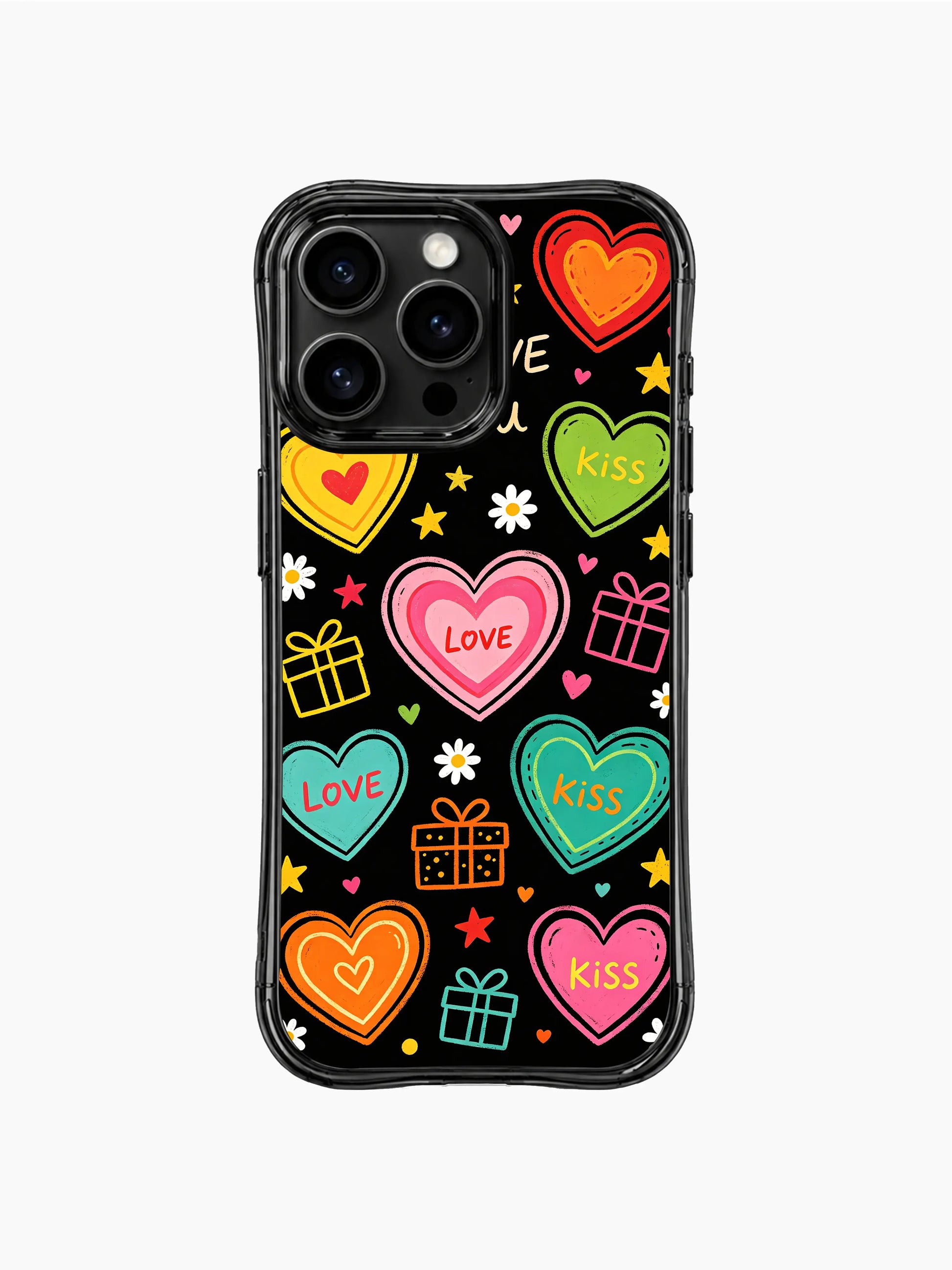 PhoneCasing iPhone 13 Pro Max casing deep black backdrop filled with bright hand drawn love letter doodles, relaxed heartfelt vibe everyday phone cover.