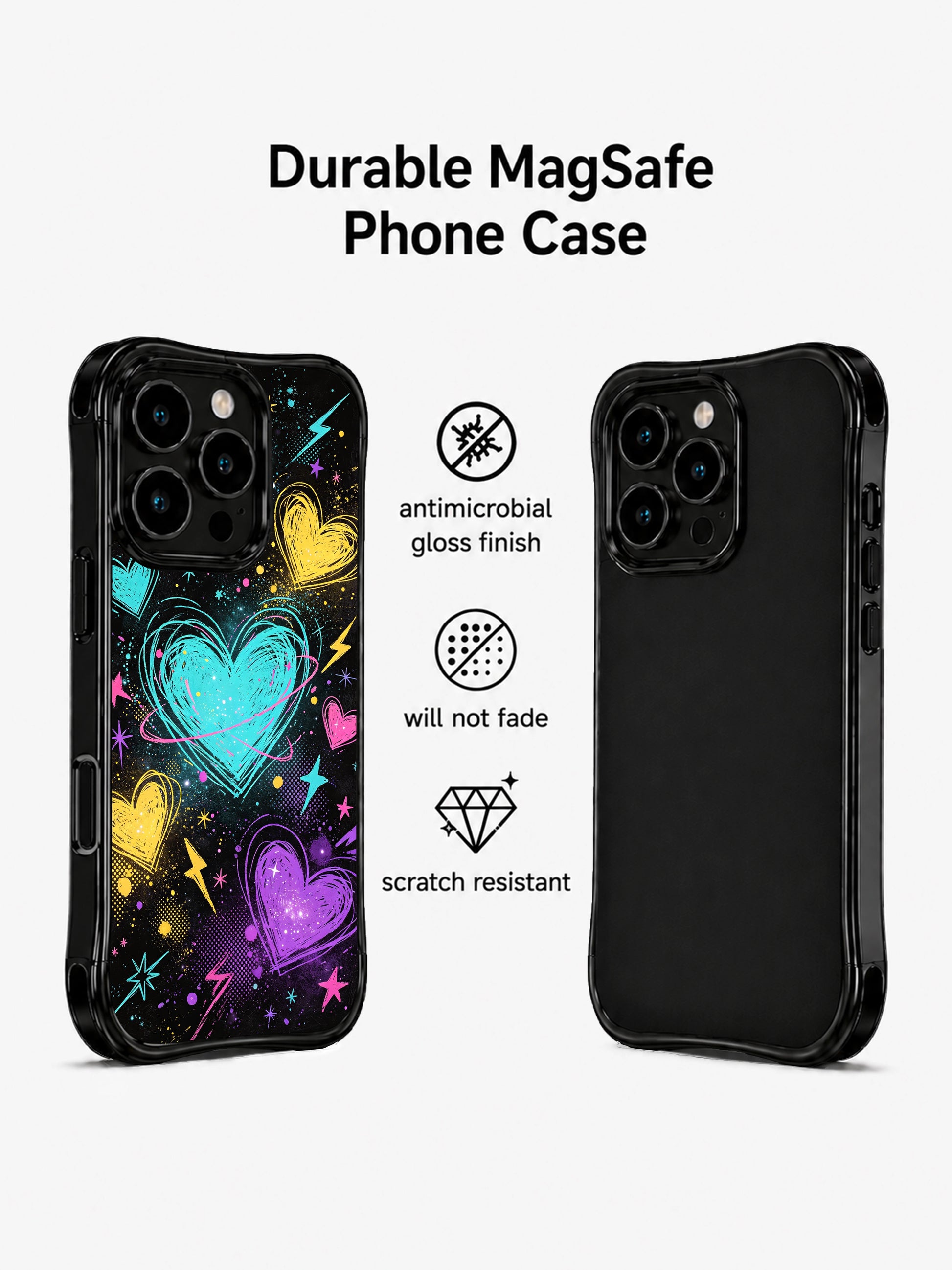 PhoneCasing iPhone 13 Pro Max cover textured black galaxy canvas filled with floating layered scribble hearts and tiny star speckles, delivers imaginative dreamy romantic vibe, whimsical youthful artistic casing.