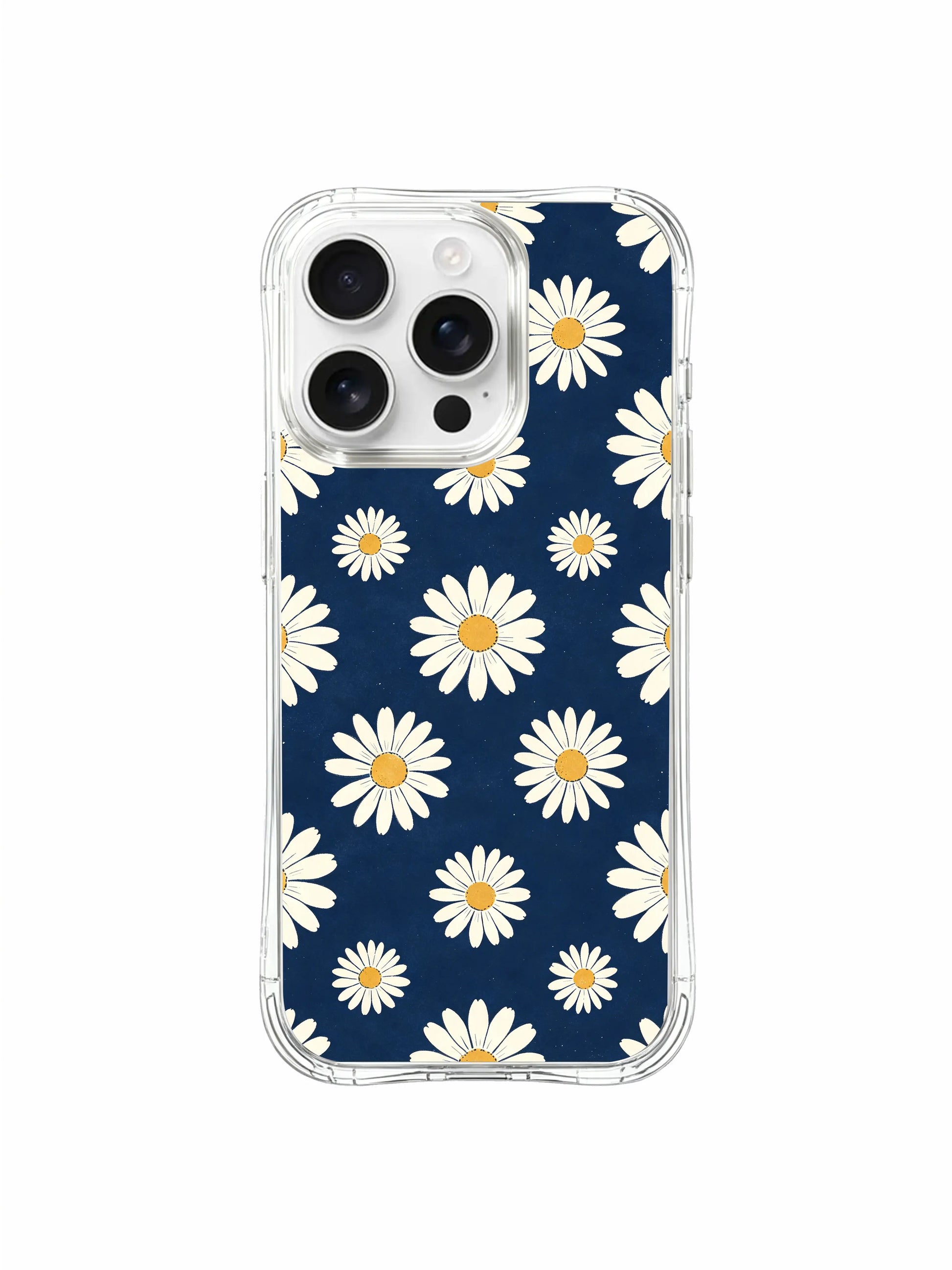 PhoneCasing iPhone 16 Pro Max Case with Dark Blue Daisies pattern, elegant white blooms that stand out beautifully against a moody backdrop.