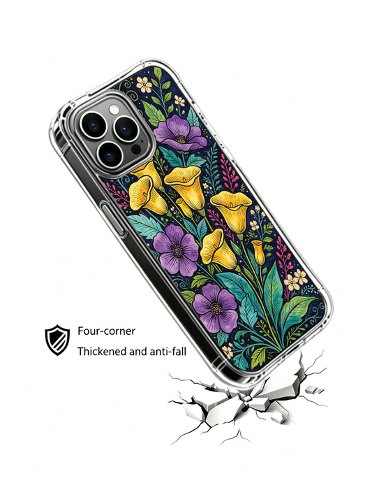 PhoneCasing iPhone 16 Pro Max Case showcasing a dark blue garden scene by Elias Nocturne. Yellow calla lilies and purple flowers, aesthetic illustrated case for everyday use.