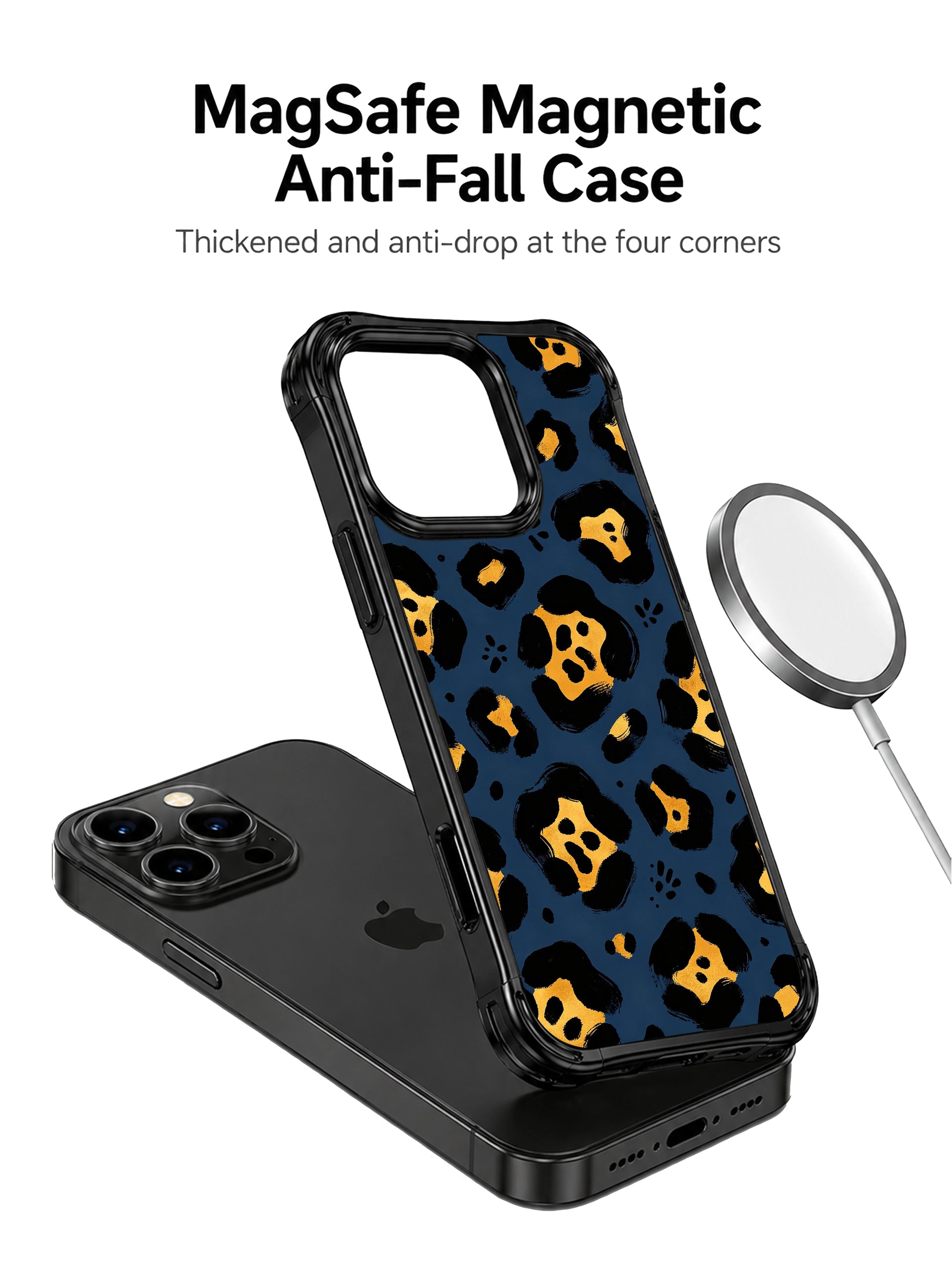 Dark navy metallic gold leopard iPhone 14 Pro Case by PhoneCasing, raw textured paint stroke spots, minimalist wild animal print design, scratch-resistant glossy finish artist phone case