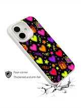 PhoneCasing dark candy gala iPhone 16 plus case, magical design where neon hearts glow like candy lights against a black backdrop.