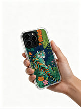 Dream-hued teal tiger resting under dark indigo jungle canopy iPhone 13 pro Case by PhoneCasing, assorted tropical bush & bloom detailed art phone cover, art-inspired holiday gift-ready phone casing