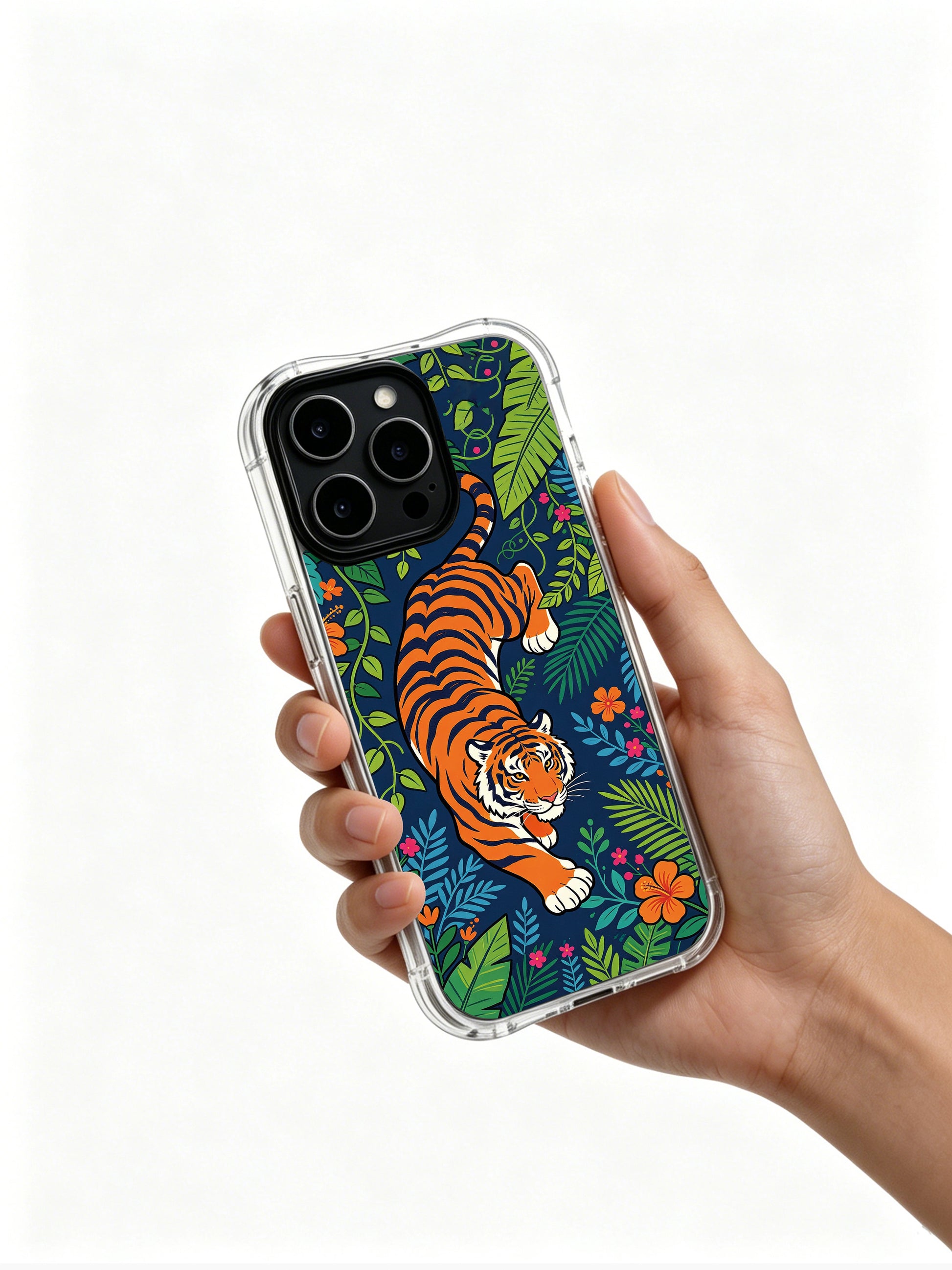 Fire-hued tiger cutting across dark navy jungle canopy iPhone 13 pro Case by PhoneCasing, assorted tropical bush & bloom detailed art phone cover, art-inspired holiday gift-ready phone casing