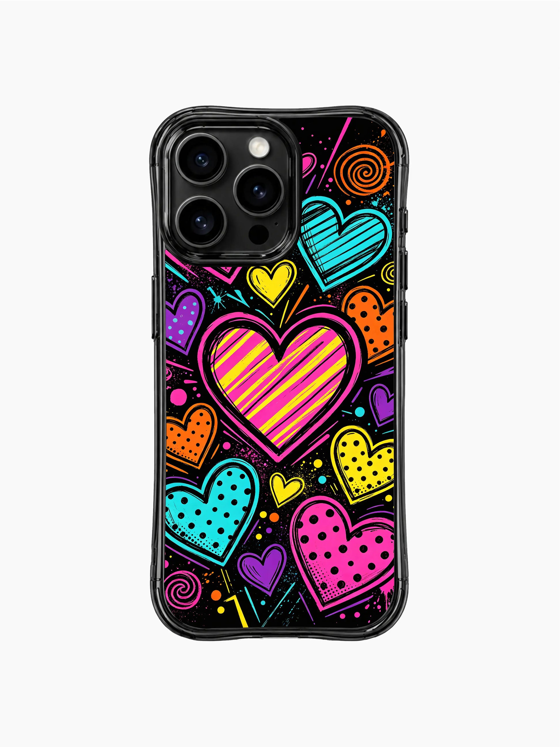 PhoneCasing iPhone 13 Pro Max case where bright heart procession marches across dark black canvas, expressive pop art durable phone cover casing.