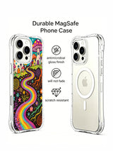 Dark-soil garden with spiral roots and dots artwork on an iPhone 16 Pro Max case