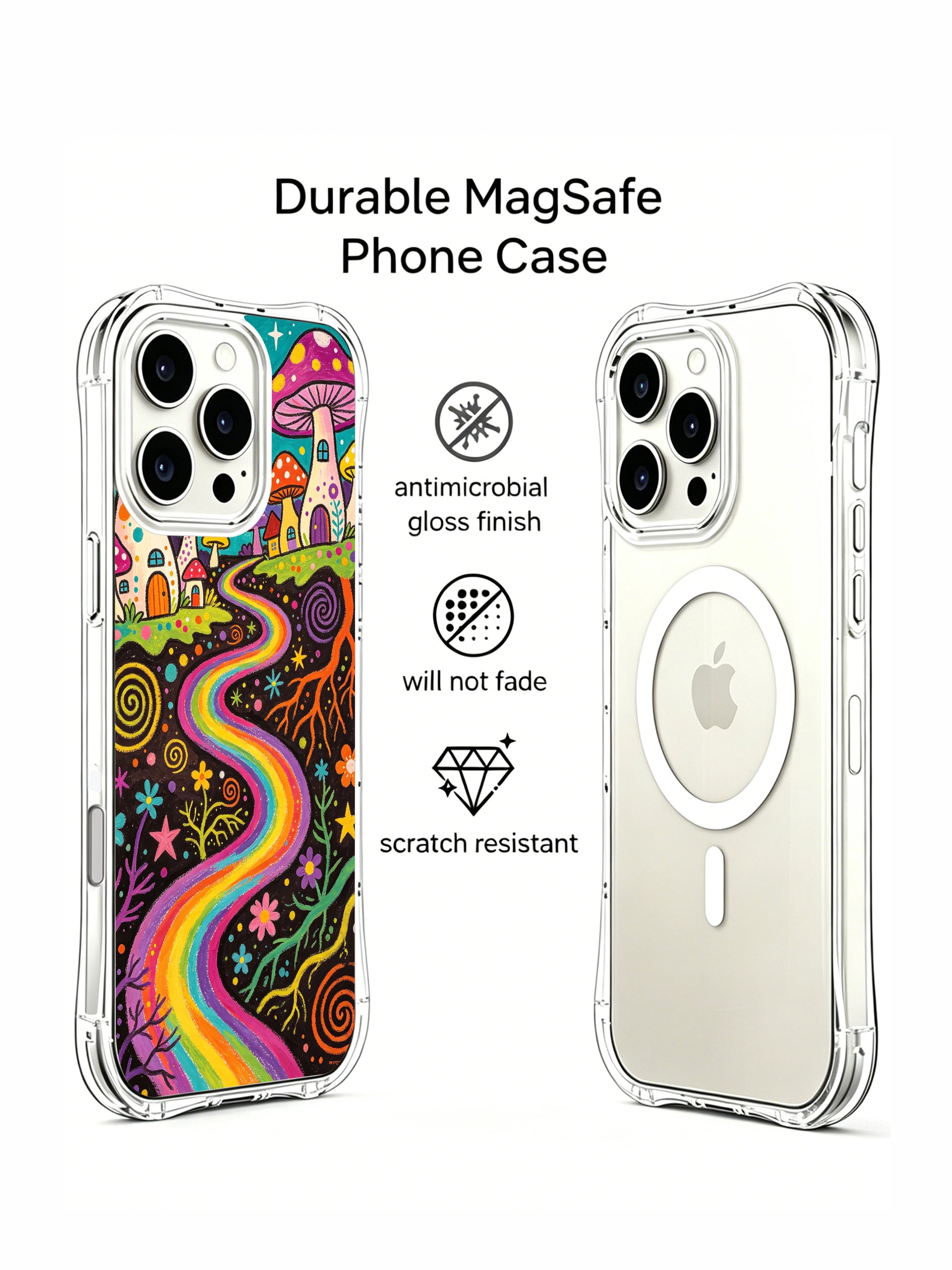 PhoneCasing iPhone 16 pro max Case, scratch-resistant fade-proof fine art casing set against dark chocolate soil with spiral root swirls and colorful confetti dots dotted around rainbow mycelium lanes, collectible luxury wearable casing for female art shoppers.