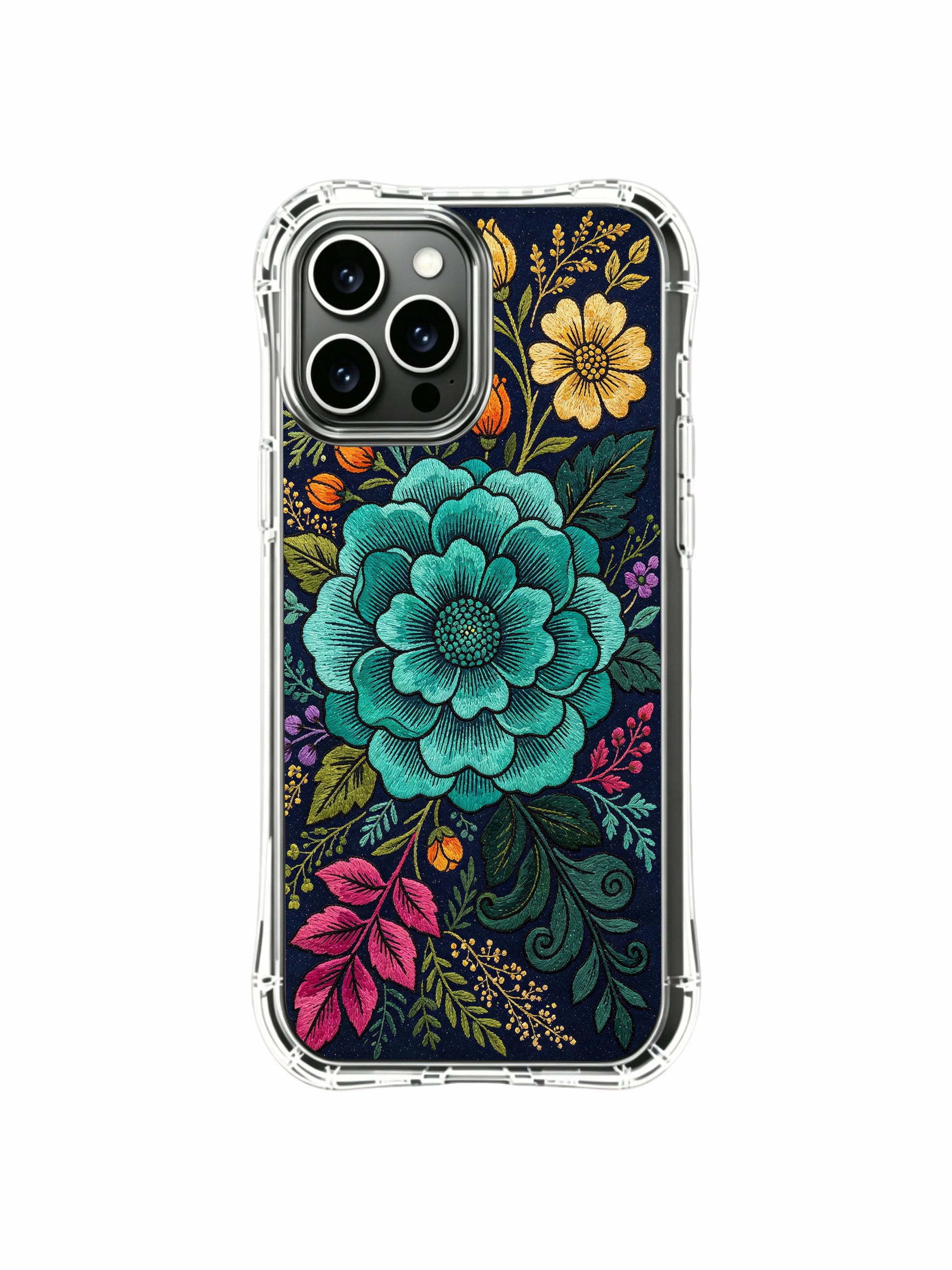 PhoneCasing iPhone 16 Pro Max Case with dark embroidered floral art. Teal night flower surrounded by colorful blooms, durable and stylish case.