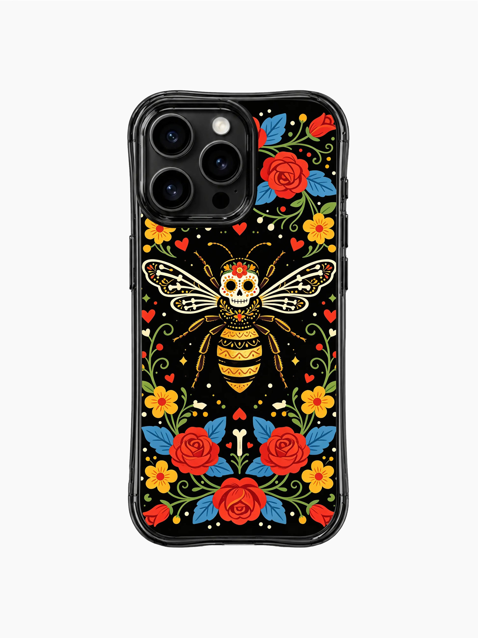 PhoneCasing iPhone 16 pro max anti-drop case with a dark fantasy bee queen motif. Colorful print with blooming flowers and skeleton wings.
