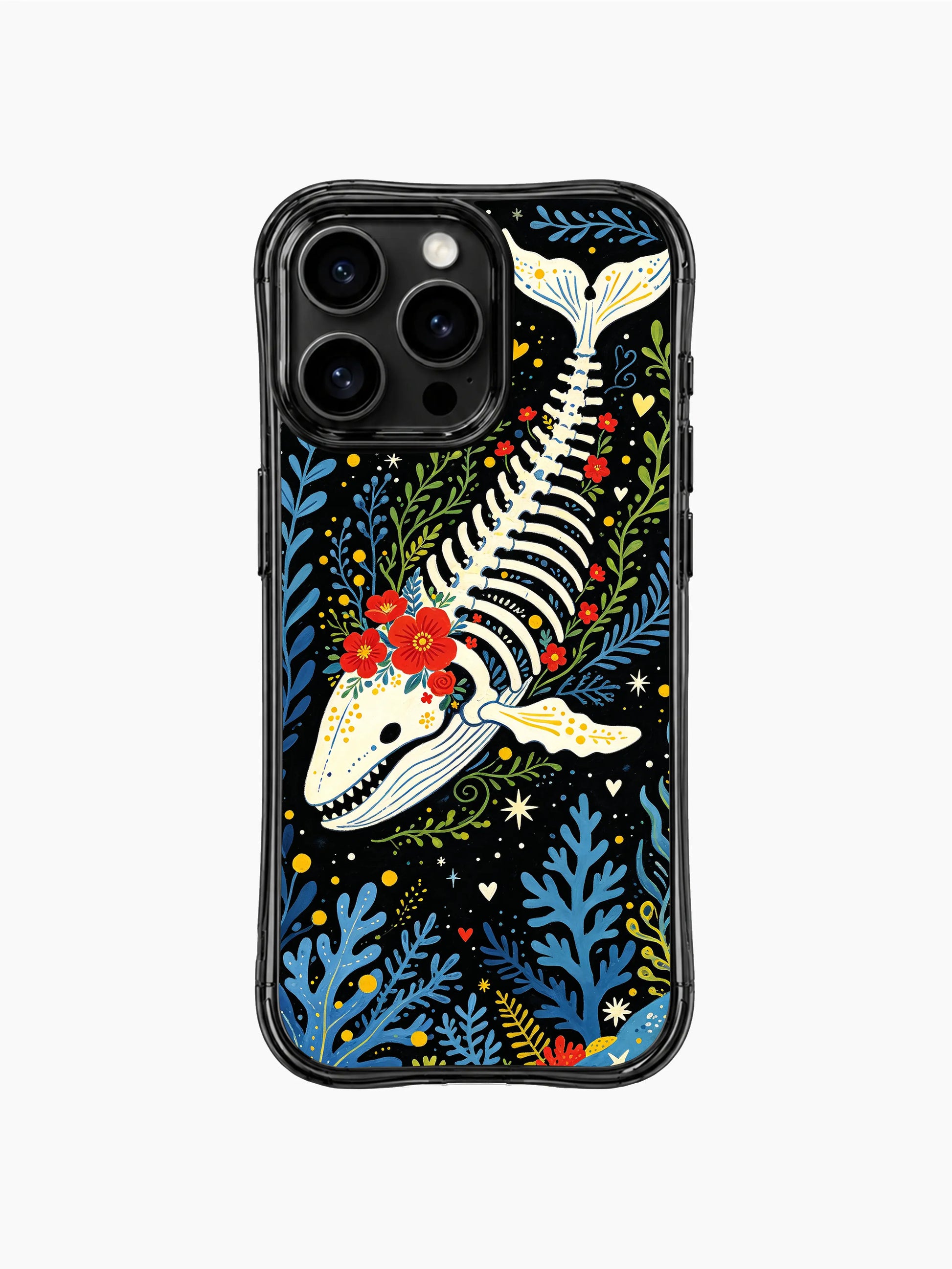 PhoneCasing iPhone 16 pro max anti-drop case with a dark fantasy whale motif. Colorful print with blooming flowers and skeleton fins.
