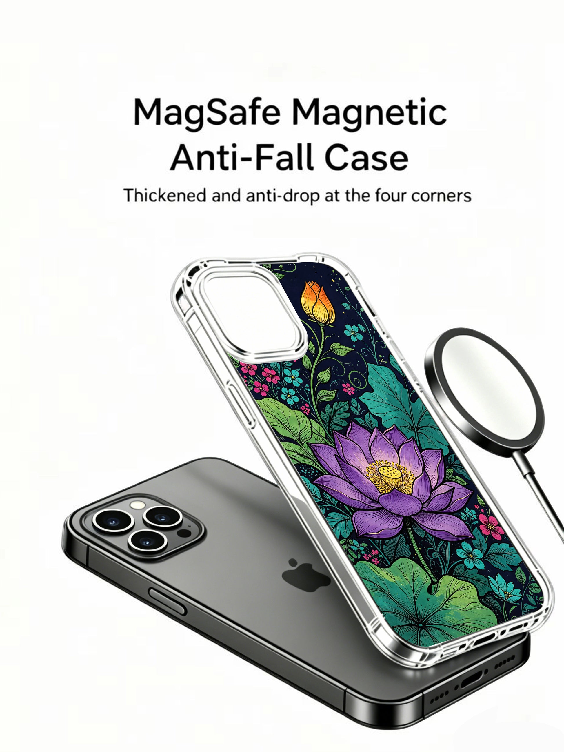 PhoneCasing iPhone 16 Pro Max Case with dark floral art design by Elias Nocturne. Premium illustrated purple lotus pattern, protective slim case made in California for art lovers.