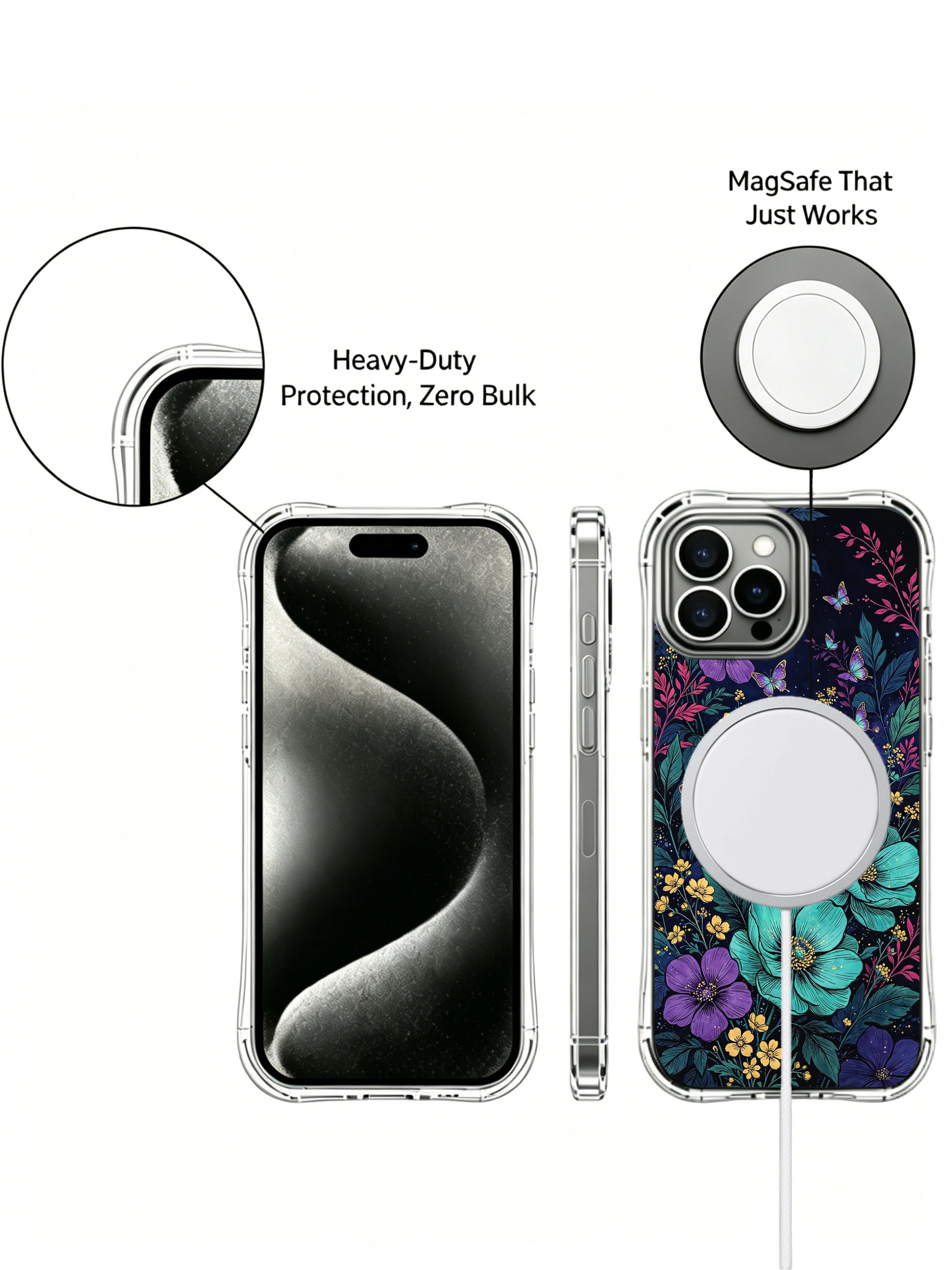 PhoneCasing iPhone 13 pro max Case with a dark floral print, following the golden paths lit by small wildflowers.