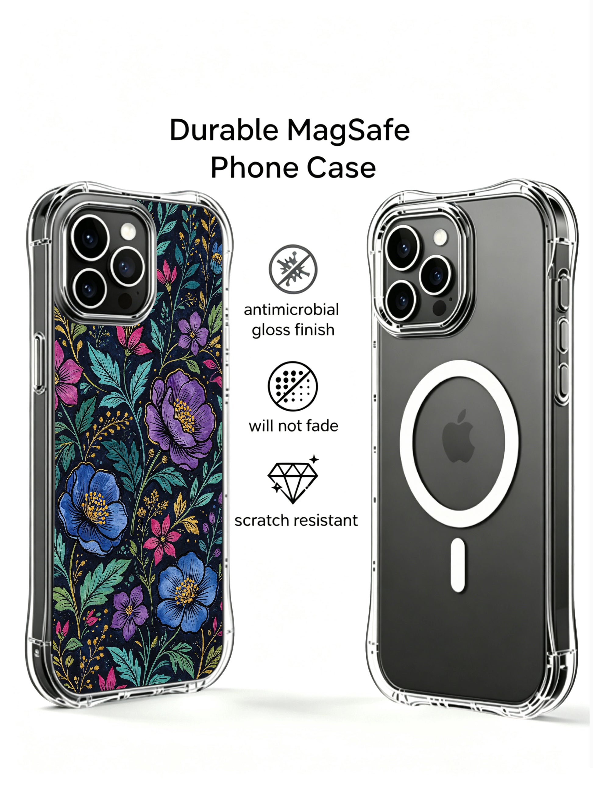 PhoneCasing iPhone 16 Pro Max Case with a dark floral gemstone design, showcasing intricate blue flowers with golden centers.