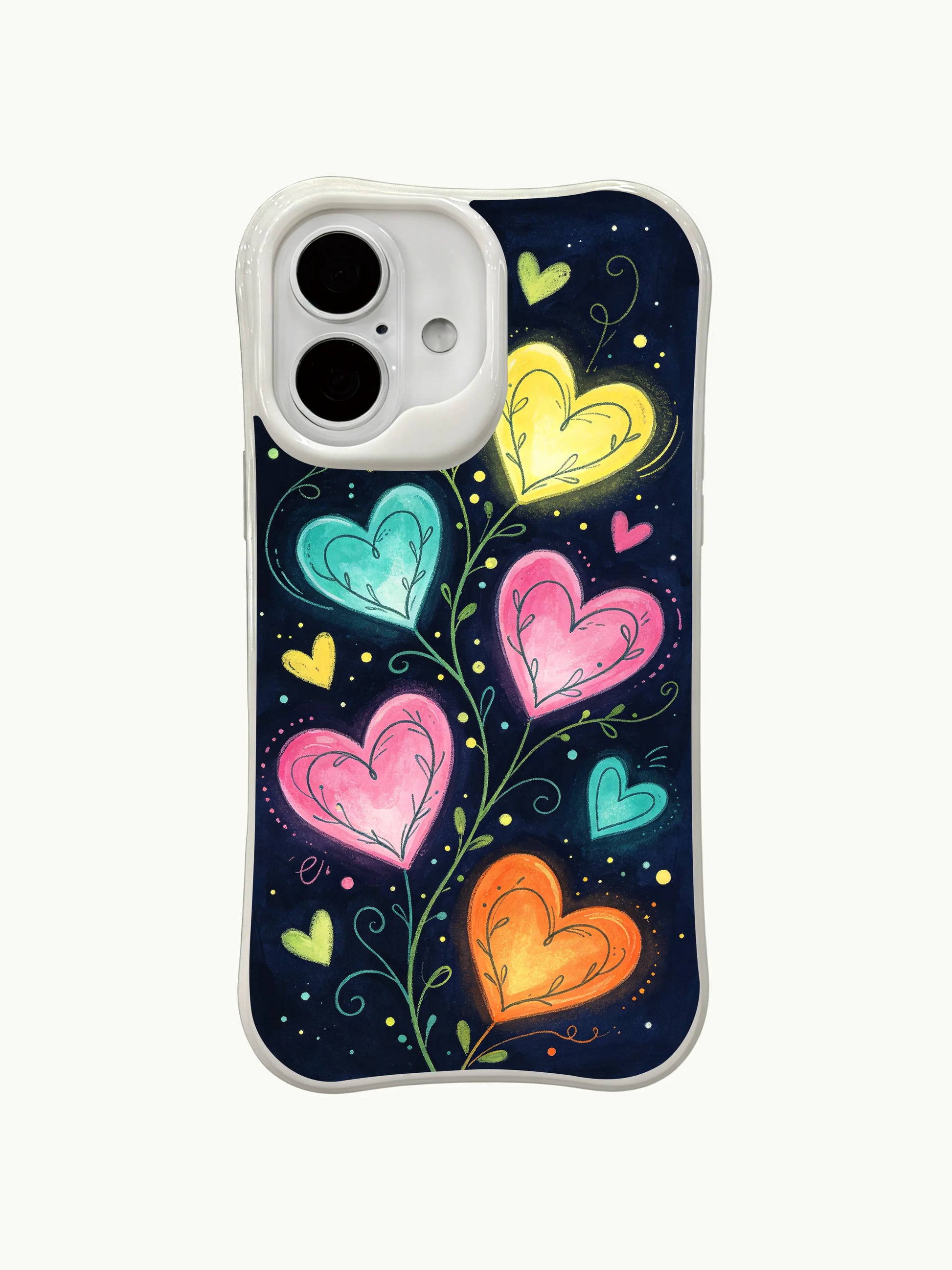 PhoneCasing Dark Floral Hearts Case for iPhone 16 Plus, a whimsical iPhone 16 plus casing with neon hearts and star accents.