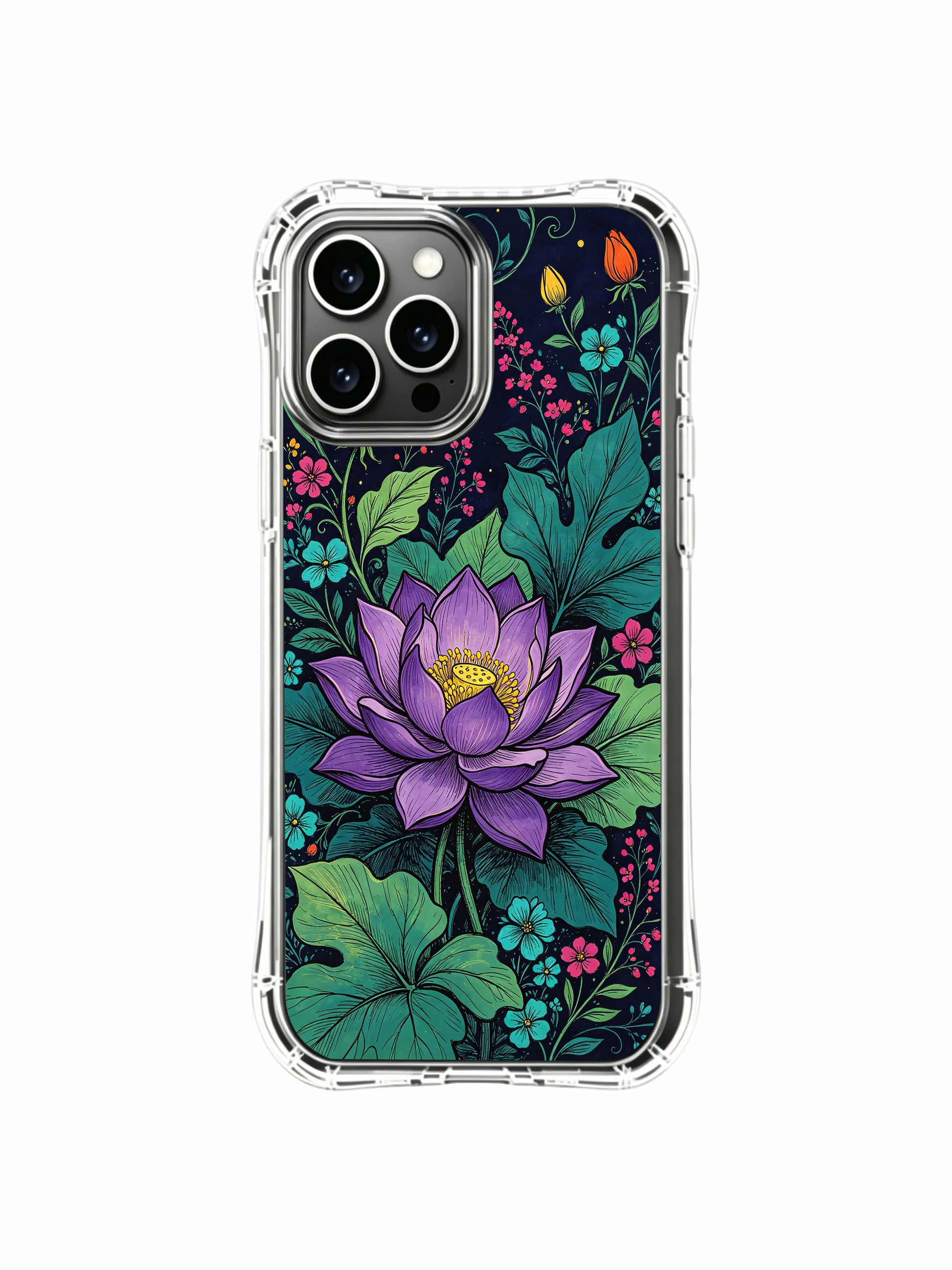 PhoneCasing iPhone 16 Pro Max Case with dark floral illustrated art from the Midnight Purple Lotus Garden. Elias Nocturne’s purple lotus design, high-quality print and durable protection.
