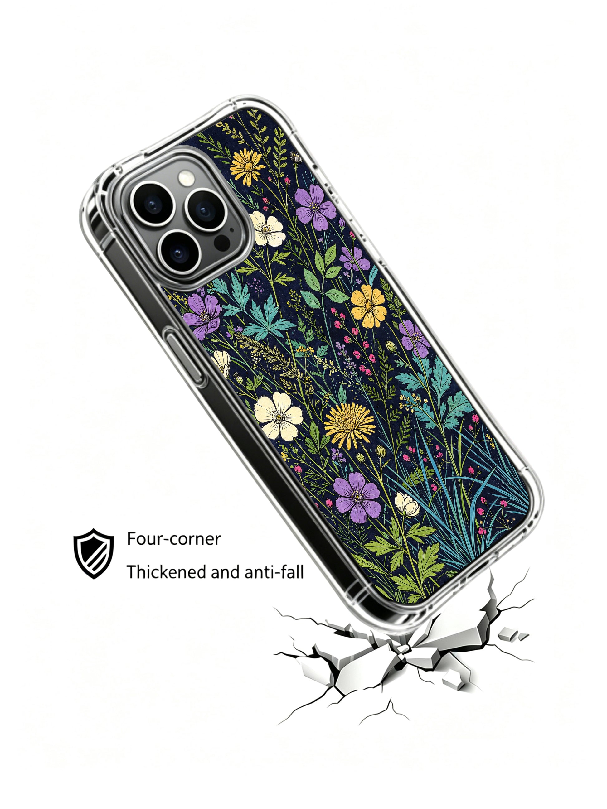 PhoneCasing iPhone 16 Pro Max Case showcasing a dark forest floral scene by Elias Nocturne. Amber and purple flowers, aesthetic illustrated case for everyday use.