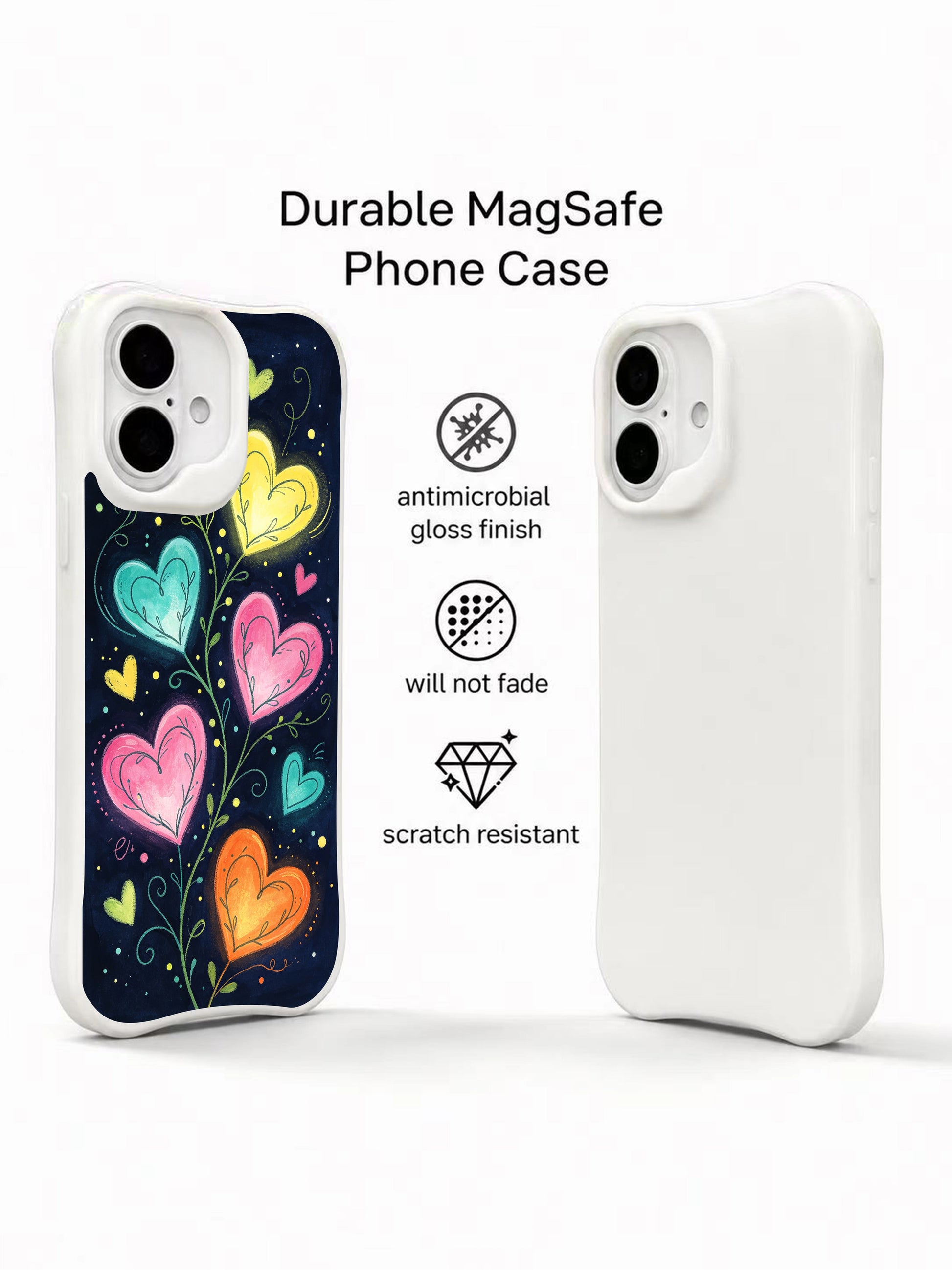 PhoneCasing Dark Forest Hearts Case for iPhone 16 Plus, a vibrant iPhone 16 plus casing with neon chalk hearts and floral doodles.