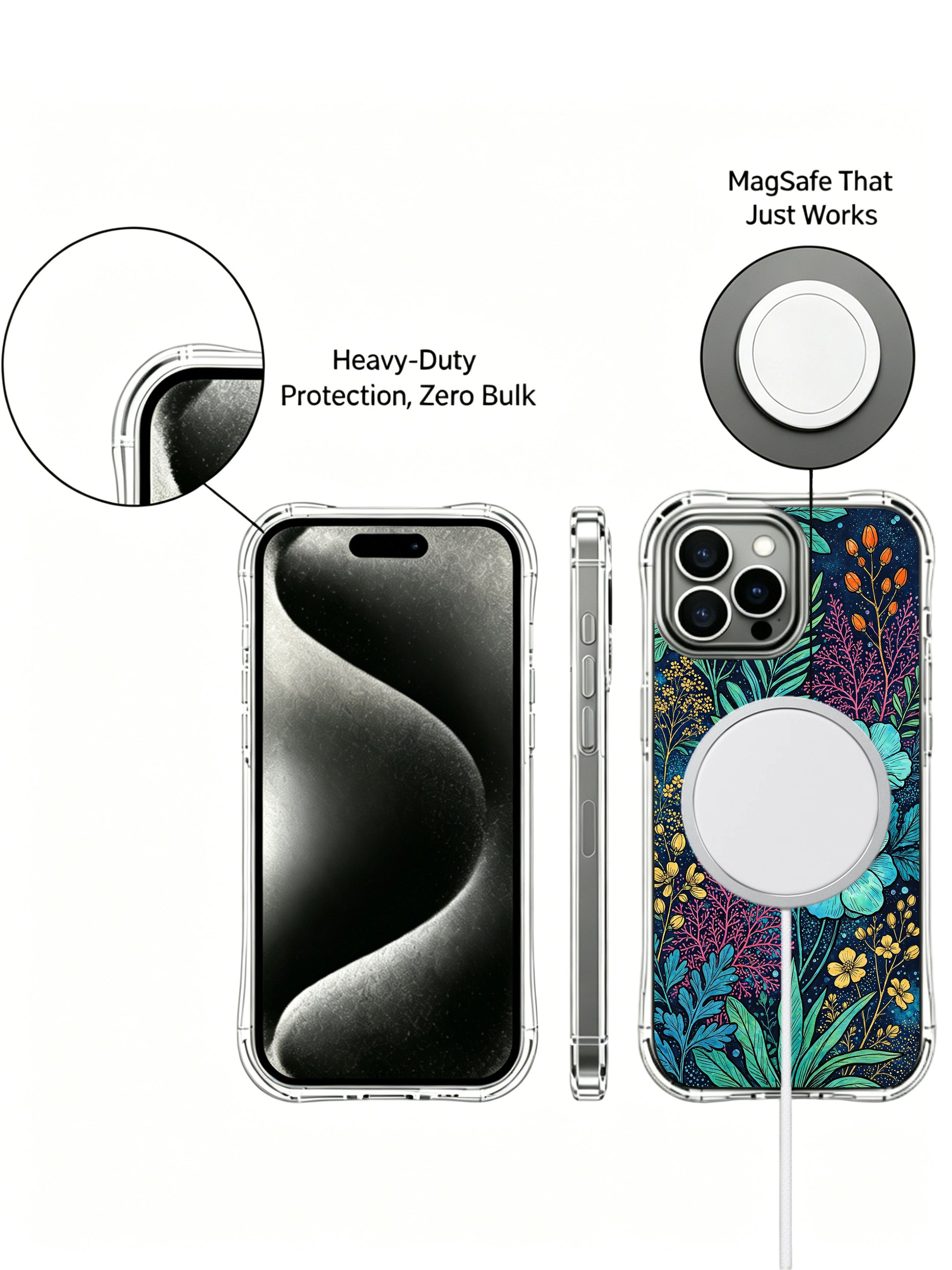 PhoneCasing iPhone 13 pro max Case with a dark garden print, highlighting seaweed-like turquoise leaves and golden flower specks.