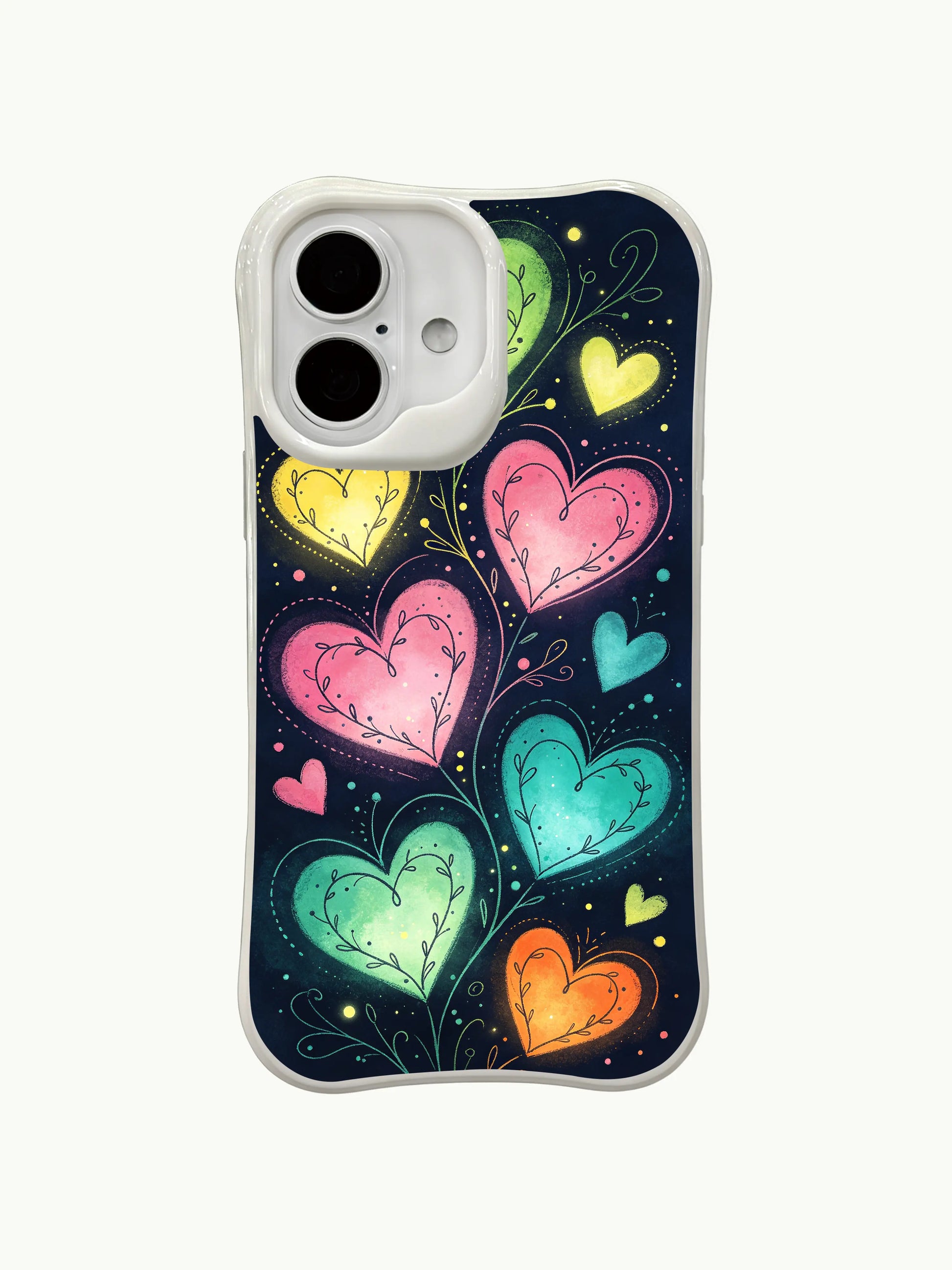 PhoneCasing Dark Glowing Hearts Case for iPhone 16 Plus, a whimsical iPhone 16 plus casing with colorful hearts and floral details.