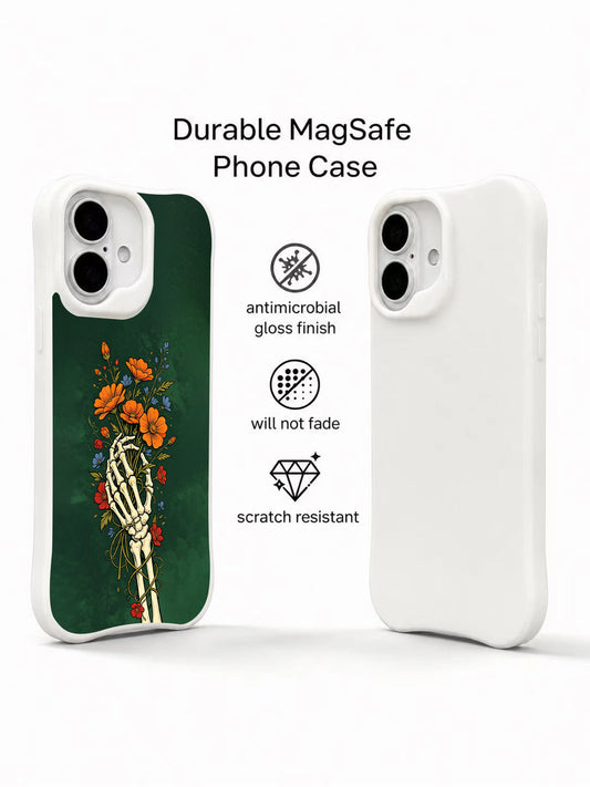 PhoneCasing dark emerald goth skeleton floral iPhone 16 Case, premium wearable dark romantic protective iPhone 16 cover manufactured in California USA