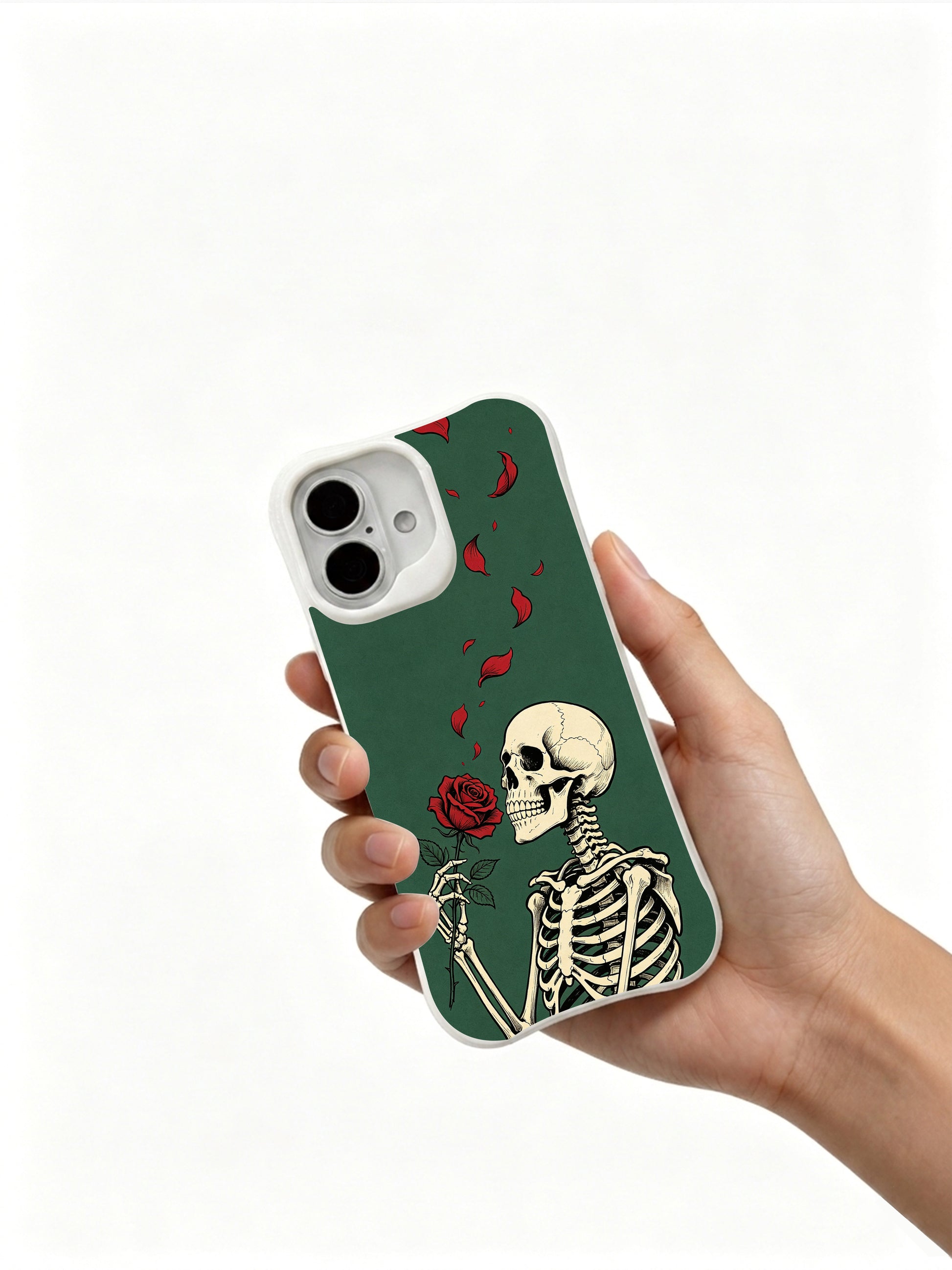 PhoneCasing Dark Green Rose Vow sideways skeleton floral iPhone 16 Case, limited-edition Morrigan Vale wearable art, MagSafe compatible slim scratch-proof iPhone 16 cover