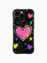 PhoneCasing iPhone 13 Pro Max cover featuring Nova Heartwell rebel heart graffiti design, textured black grunge backdrop, bright pink yellow cyan purple outline hearts