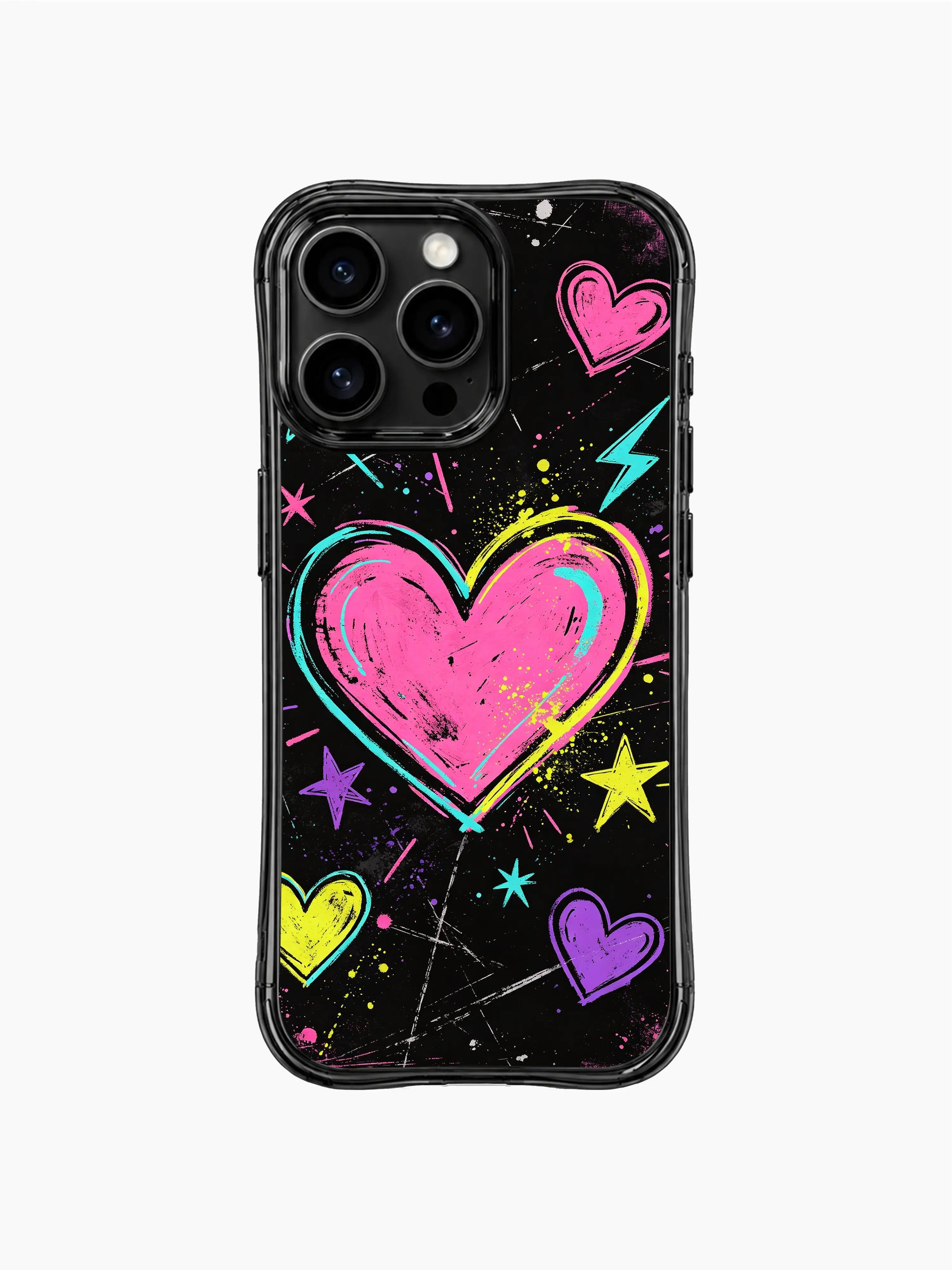 PhoneCasing iPhone 13 Pro Max cover featuring Nova Heartwell rebel heart graffiti design, textured black grunge backdrop, bright pink yellow cyan purple outline hearts