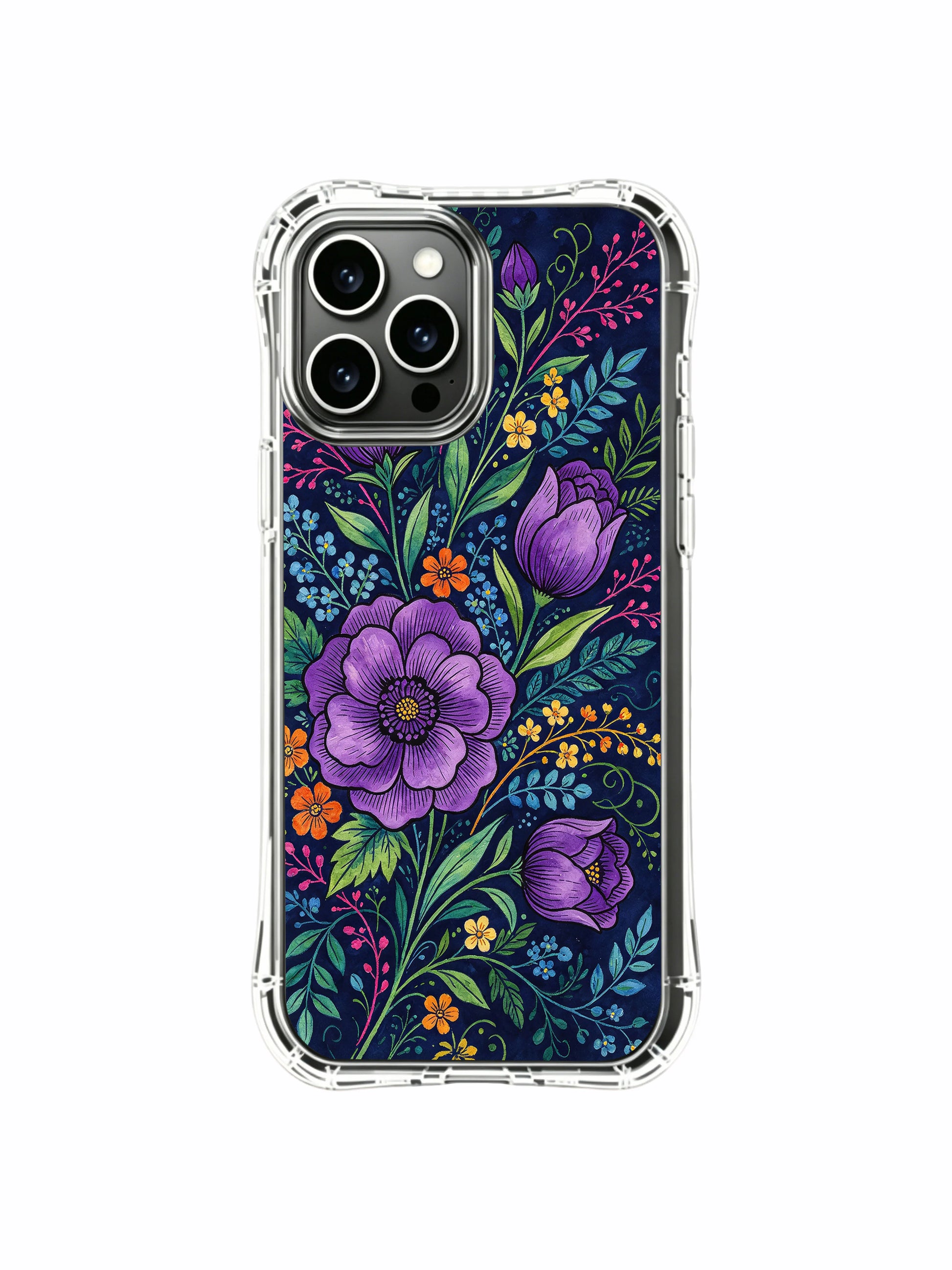 PhoneCasing iPhone 16 Pro Max Case with a dark indigo floral design. Purple peonies and vibrant foliage, aesthetic illustrated case.