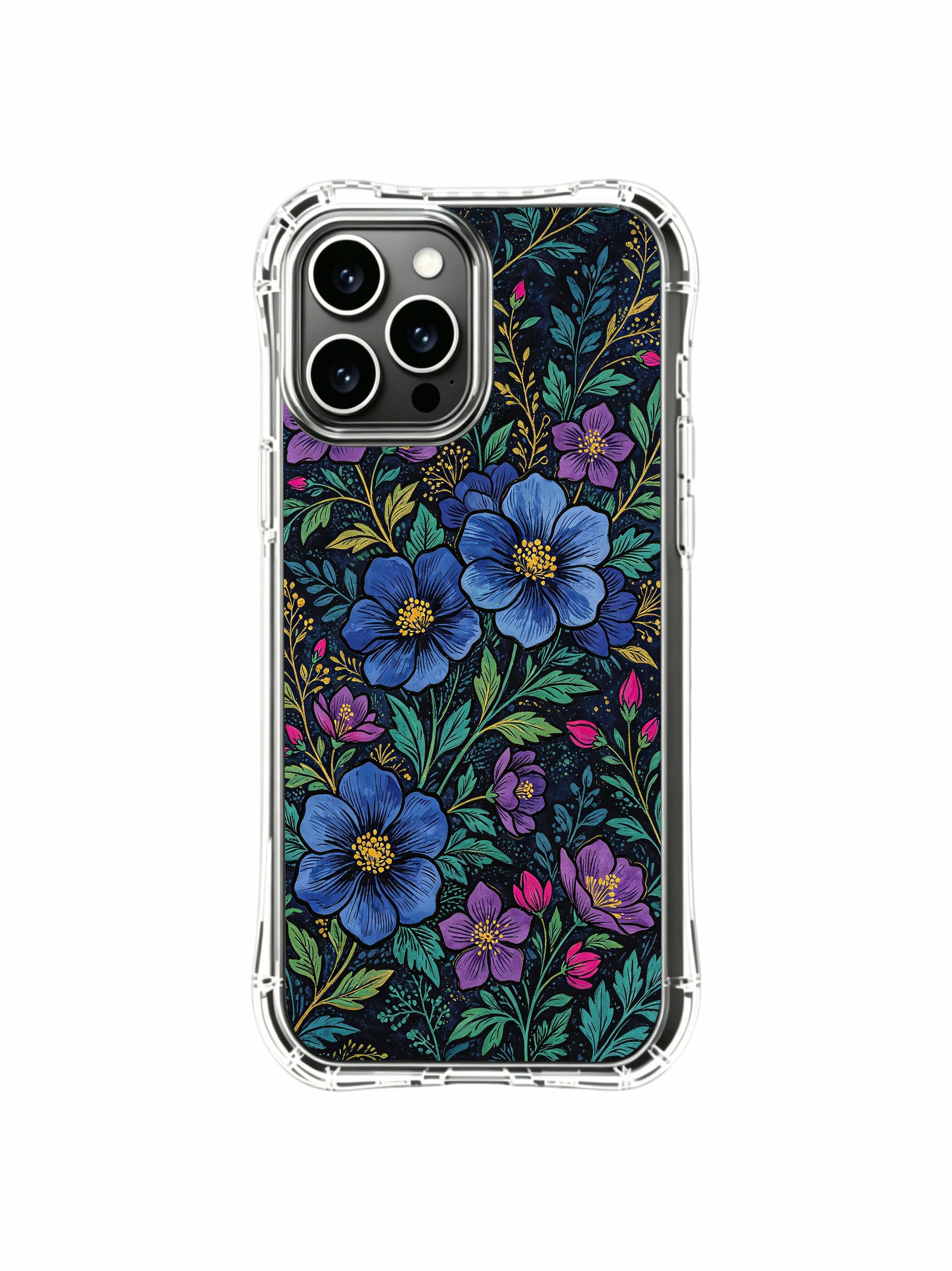 PhoneCasing iPhone 16 Pro Max Case with a dark indigo floral tapestry design, intricate and detailed blooms.