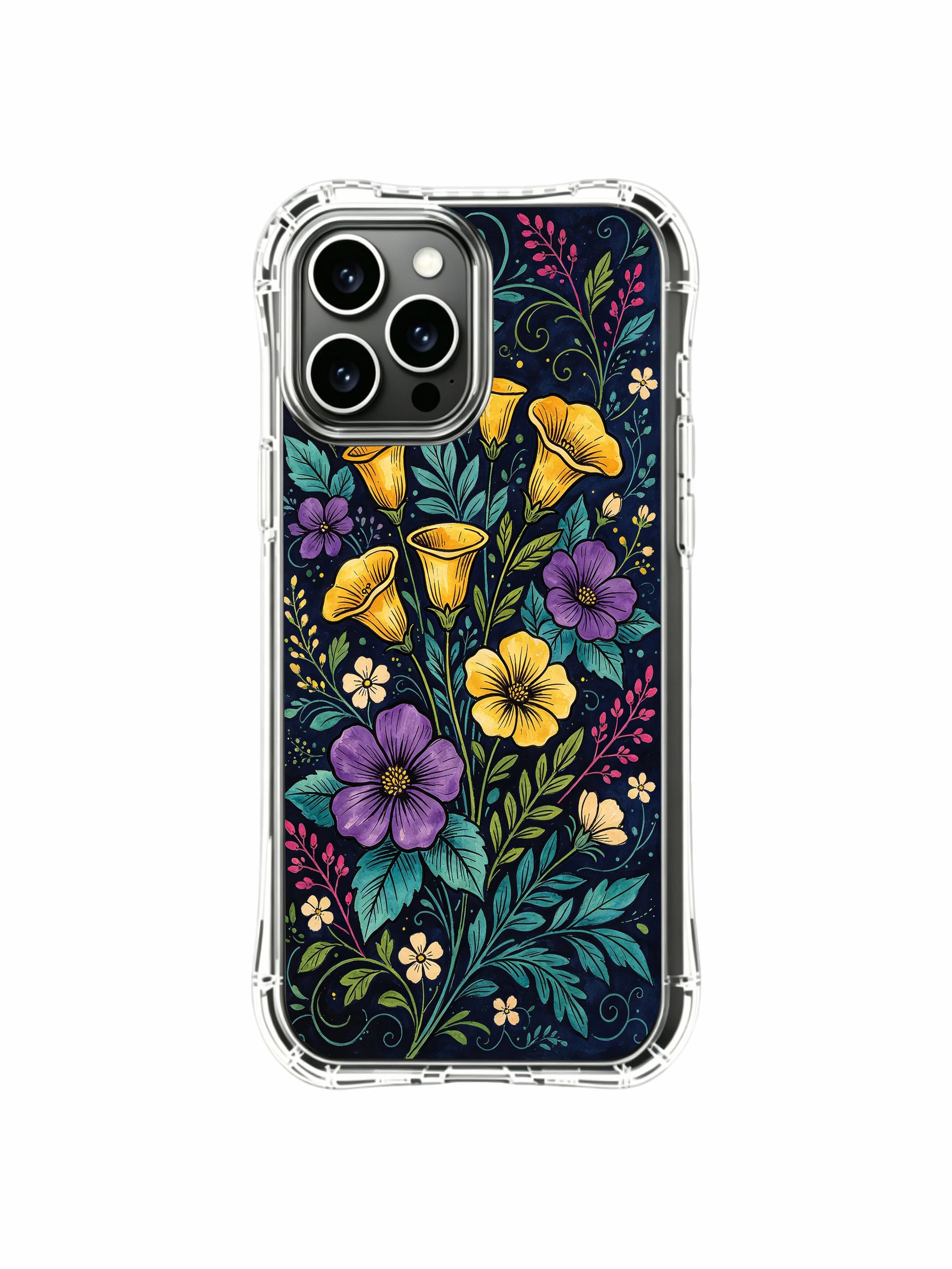 PhoneCasing iPhone 16 Pro Max Case with a dark indigo garden design. Golden calla lilies and vibrant foliage, aesthetic illustrated case.