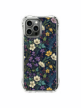 PhoneCasing iPhone 16 Pro Max Case with a dark indigo wildflower design. Meadow blooms and lush foliage, aesthetic illustrated case.