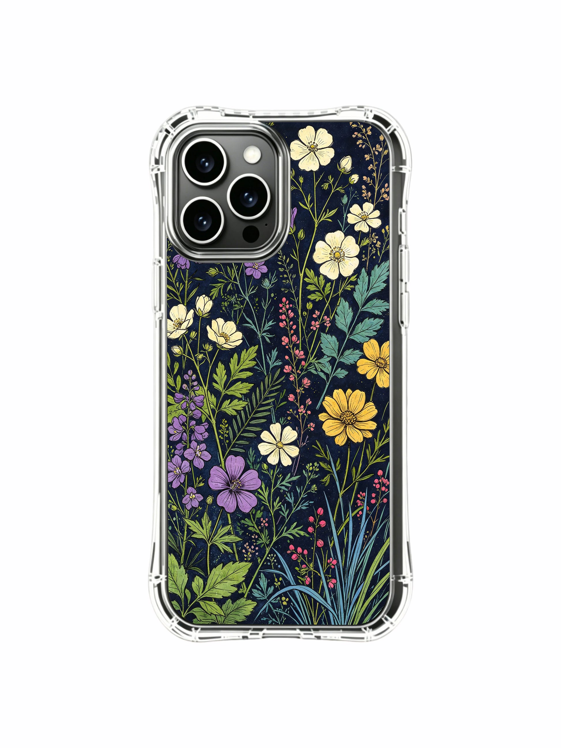 PhoneCasing iPhone 16 Pro Max Case with a dark indigo wildflower meadow design. Meadow blooms and lush foliage, aesthetic illustrated case.