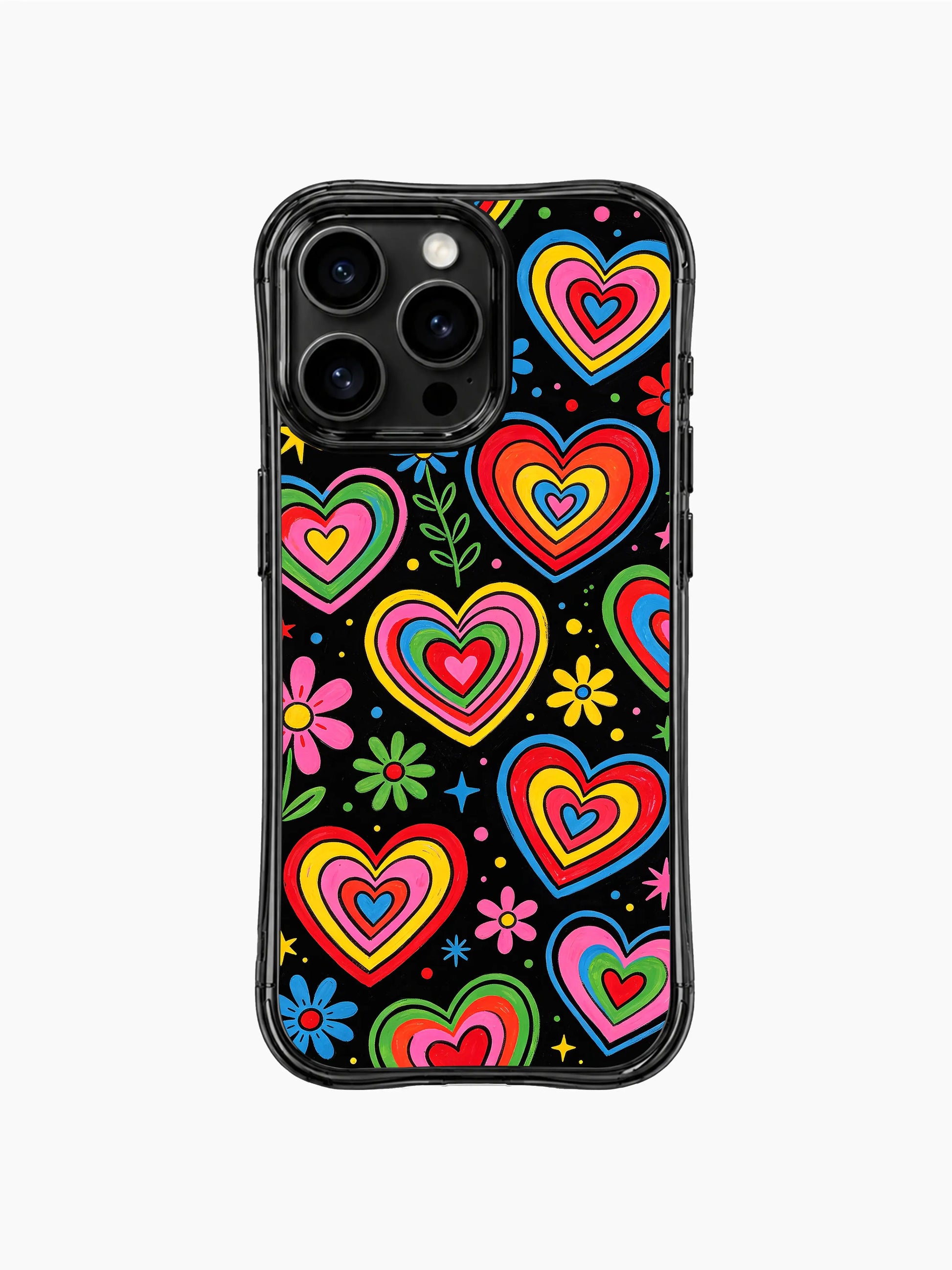 PhoneCasing iPhone 13 Pro Max cover featuring Nova Heartwell midnight bloom floral heart doodle design, deep solid midnight black backdrop, stacked neon rainbow outline hearts & blooming daisies