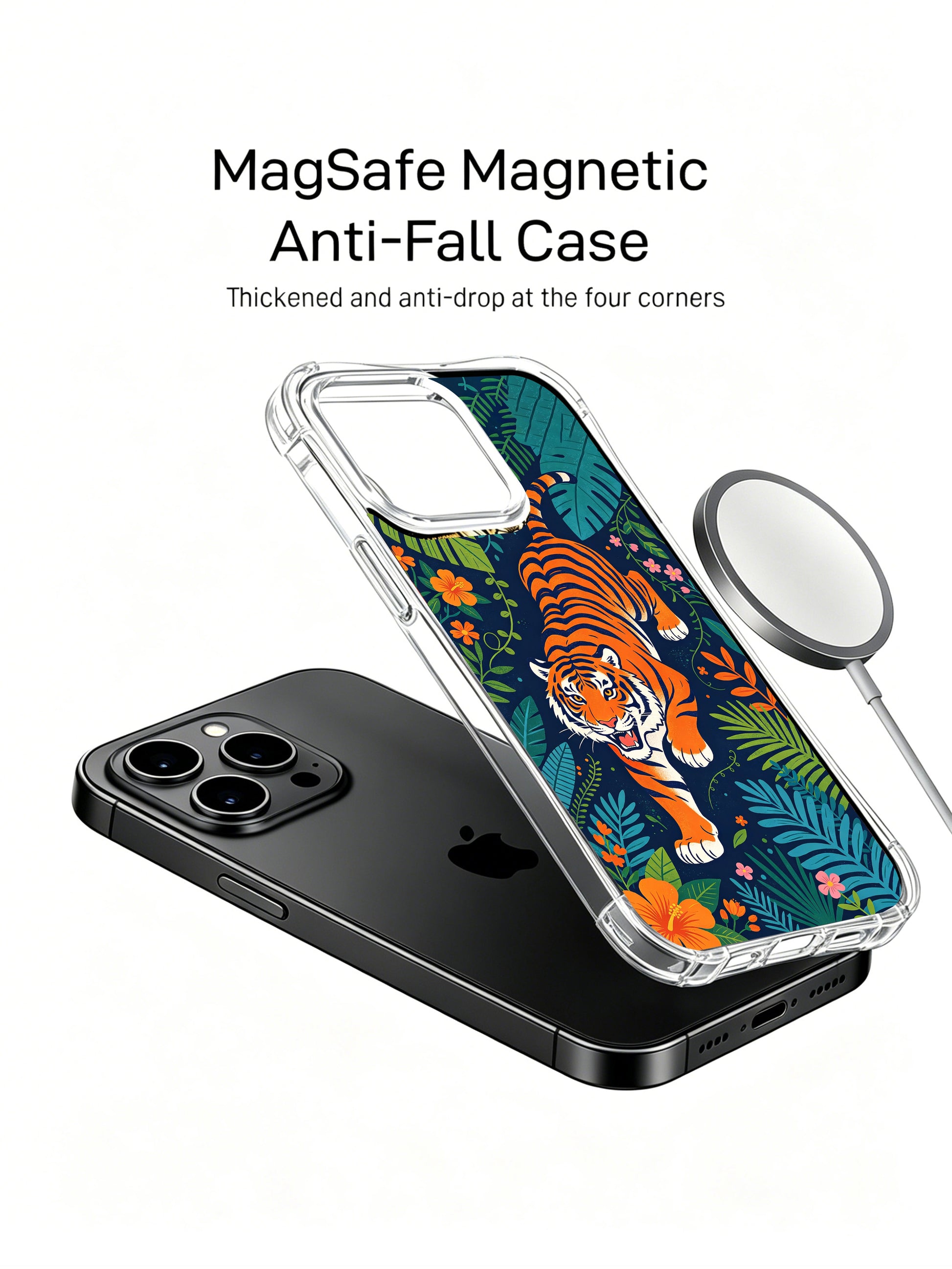 Elias Nocturne Dark Night Jungle Orange Tiger fine art iPhone 13 pro Case from PhoneCasing, luxury illustrated phone casing, tropical blossom themed protective cover for iPhone 13 Pro