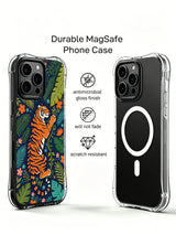 Orange tiger with hibiscus and tropical leaves artwork on an iPhone 13 Pro case