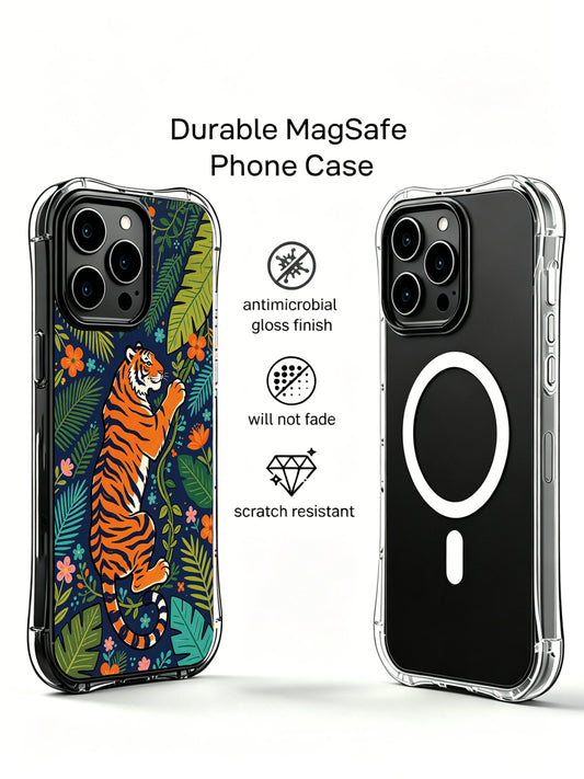 Dark navy background jungle tiger illustration iPhone 13 pro Case by Noah Wildfern from PhoneCasing, lightweight clear protective iPhone 13 pro casing with tropical hibiscus bloom pattern, decorative art phone cover for wildlife lovers.