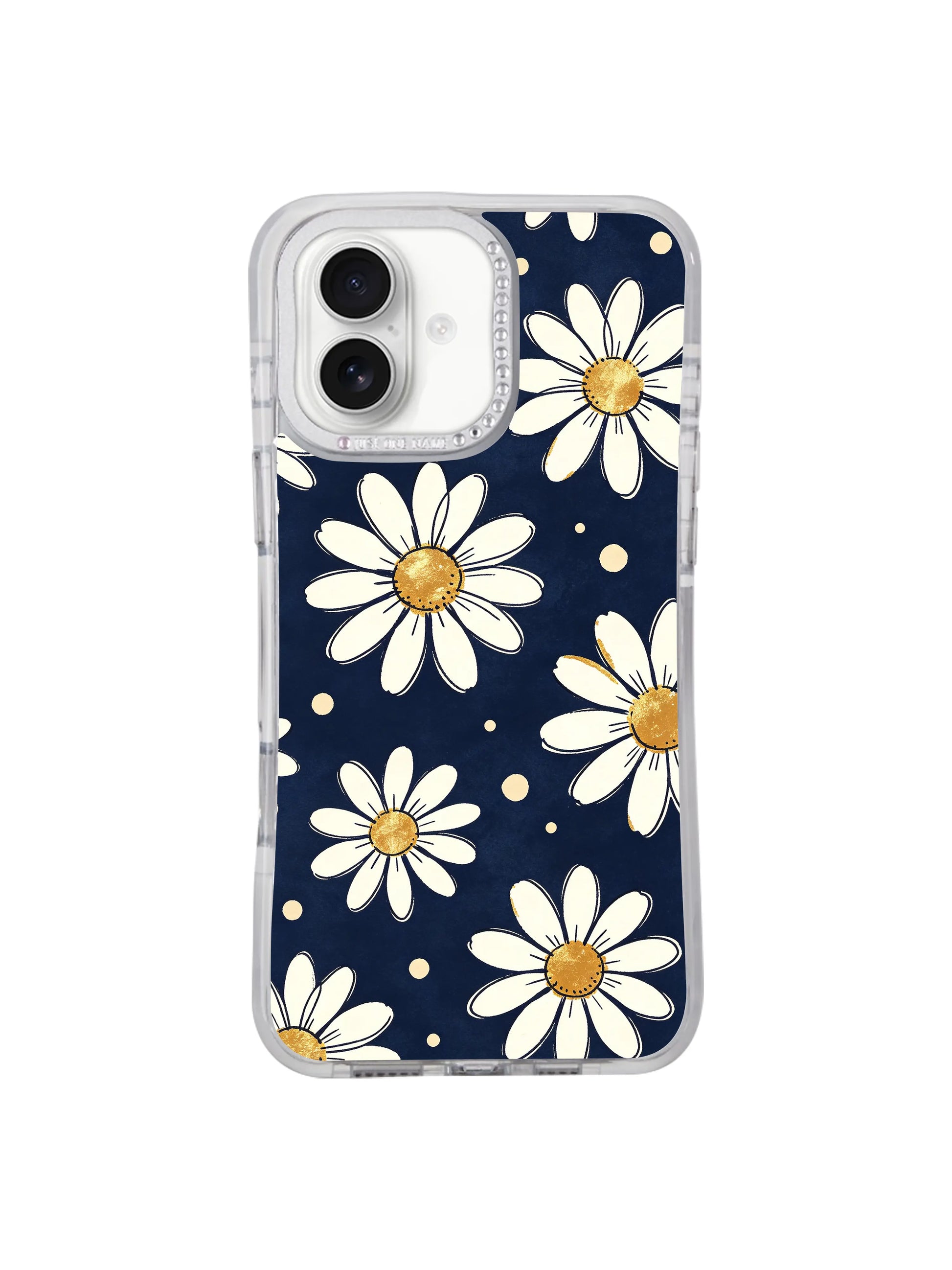 PhoneCasing elegant dark navy seamless drifting daisy iPhone 17 casing design from artist Solea Meadow Midnight Daisy Drift, soft spaced blooms paired with tiny cream dot detailing for modern feminine aesthetics.