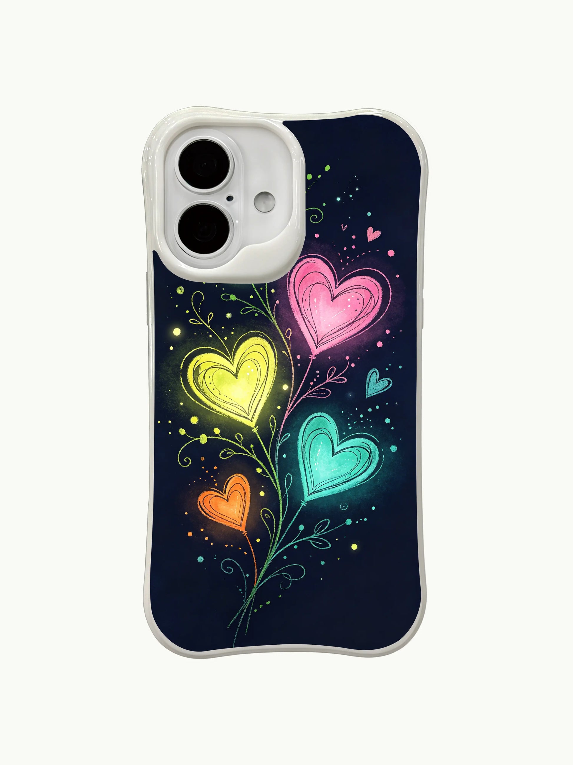 PhoneCasing Dark Neon Whimsy Case for iPhone 16 Plus, a playful iPhone 16 plus casing with glowing hearts and vine doodles.