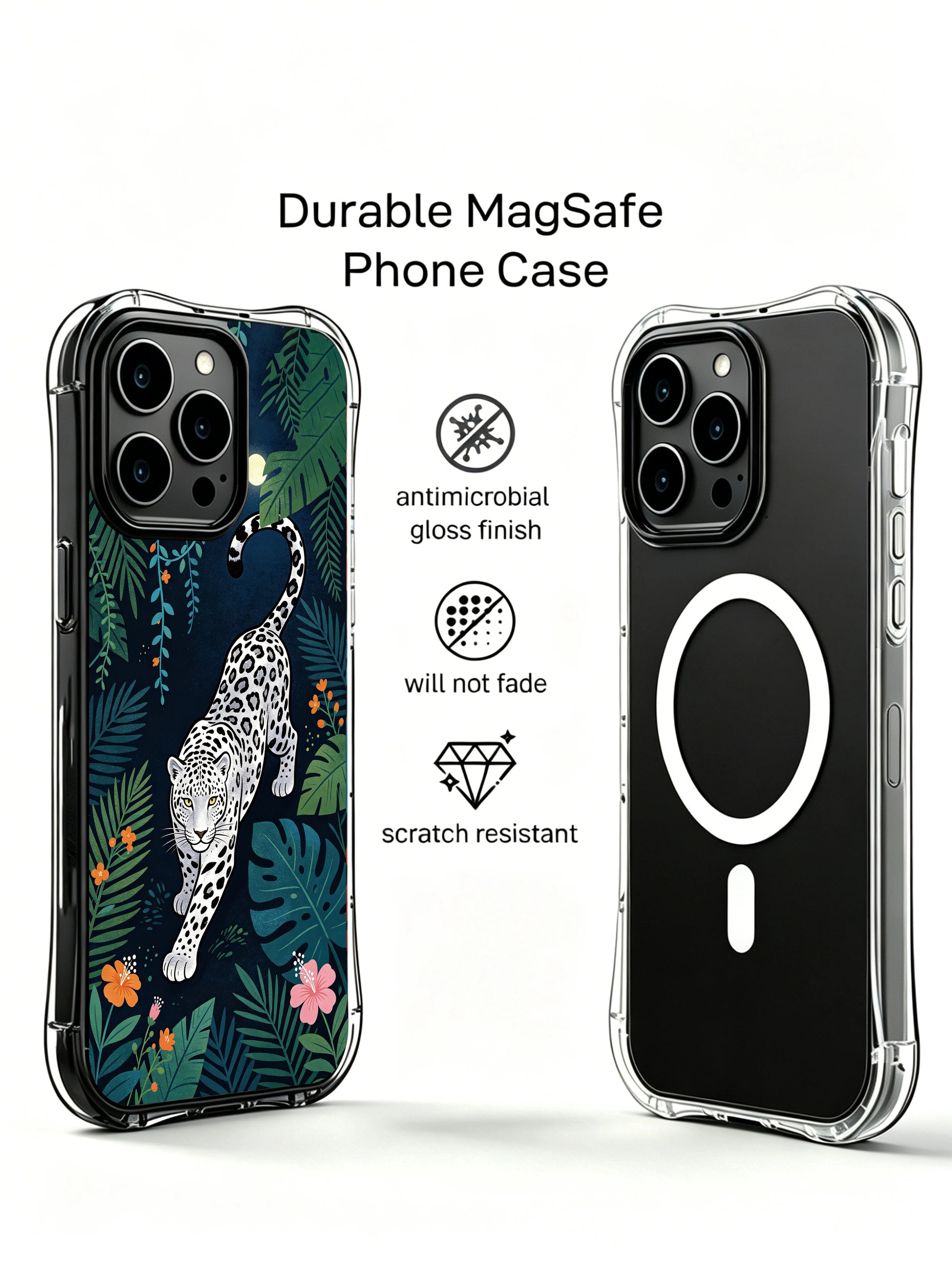 Midnight dark jungle silver spotted leopard illustration iPhone 13 pro Case by Noah Wildfern from PhoneCasing, lightweight scratchproof iPhone 13 pro casing with lush monstera leaf print, elegant nature decorative phone cover.