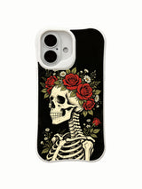 PhoneCasing dark-night-new-life skeleton flower iPhone 16 Case, symbolic goth art about inner vitality born from dark hardships, MagSafe compatible custom printed iPhone 16 casing