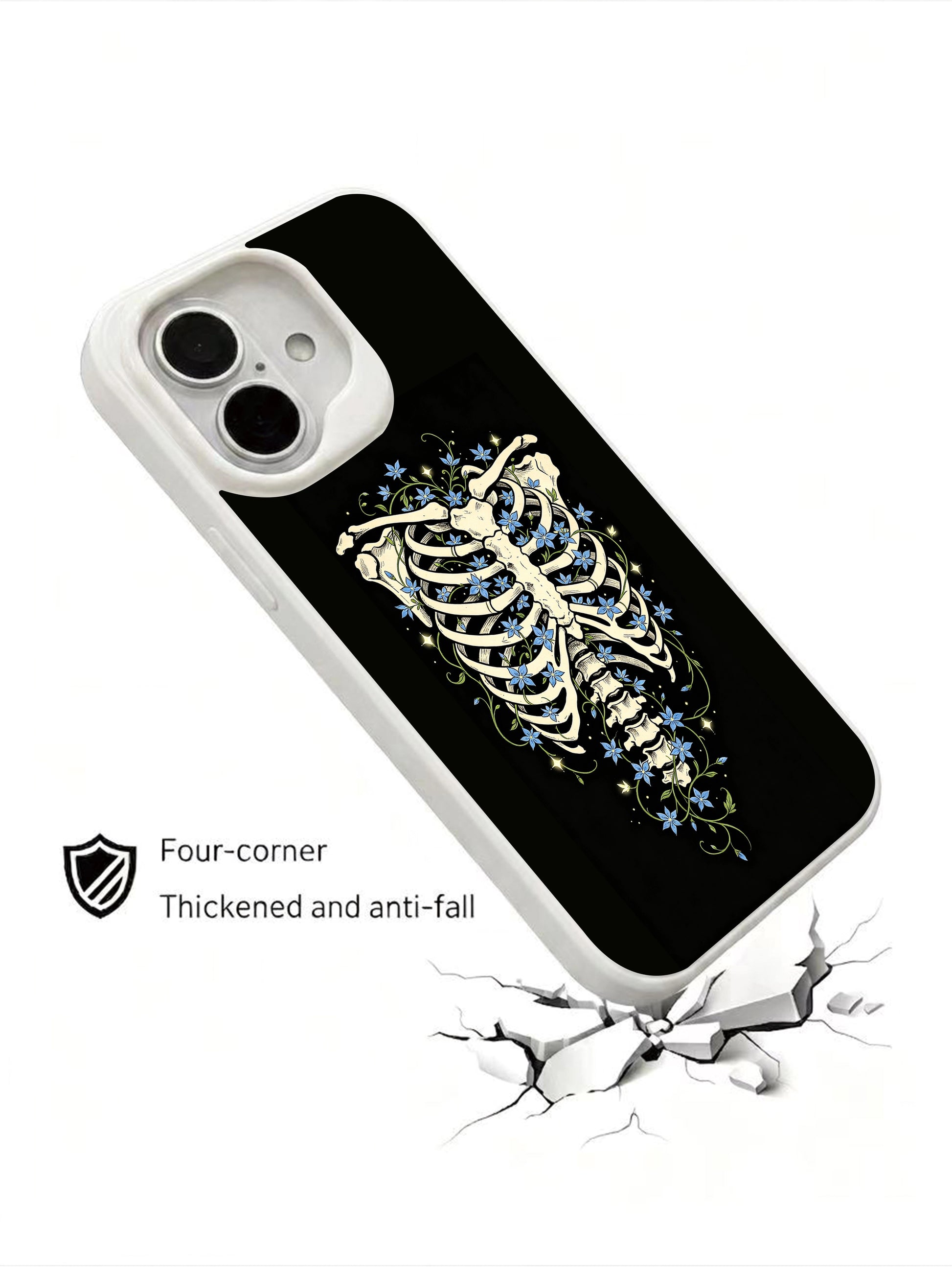 PhoneCasing Dark Nurtured Garden goth iPhone 16 Case, dark academia ribcage skeleton illustration with glowing blue blossoms growing from bone gaps, four-corner anti-drop reinforced casing USA-made
