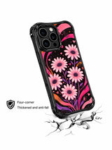 PhoneCasing iPhone 16 pro Case with moody vintage grunge fluid ribbon daisy heart dot graphics balancing delicate blush softness and gritty dark contrast, Ruby Daze hopeful dreamy sweet grunge pop art, California made wavy black phone cover.