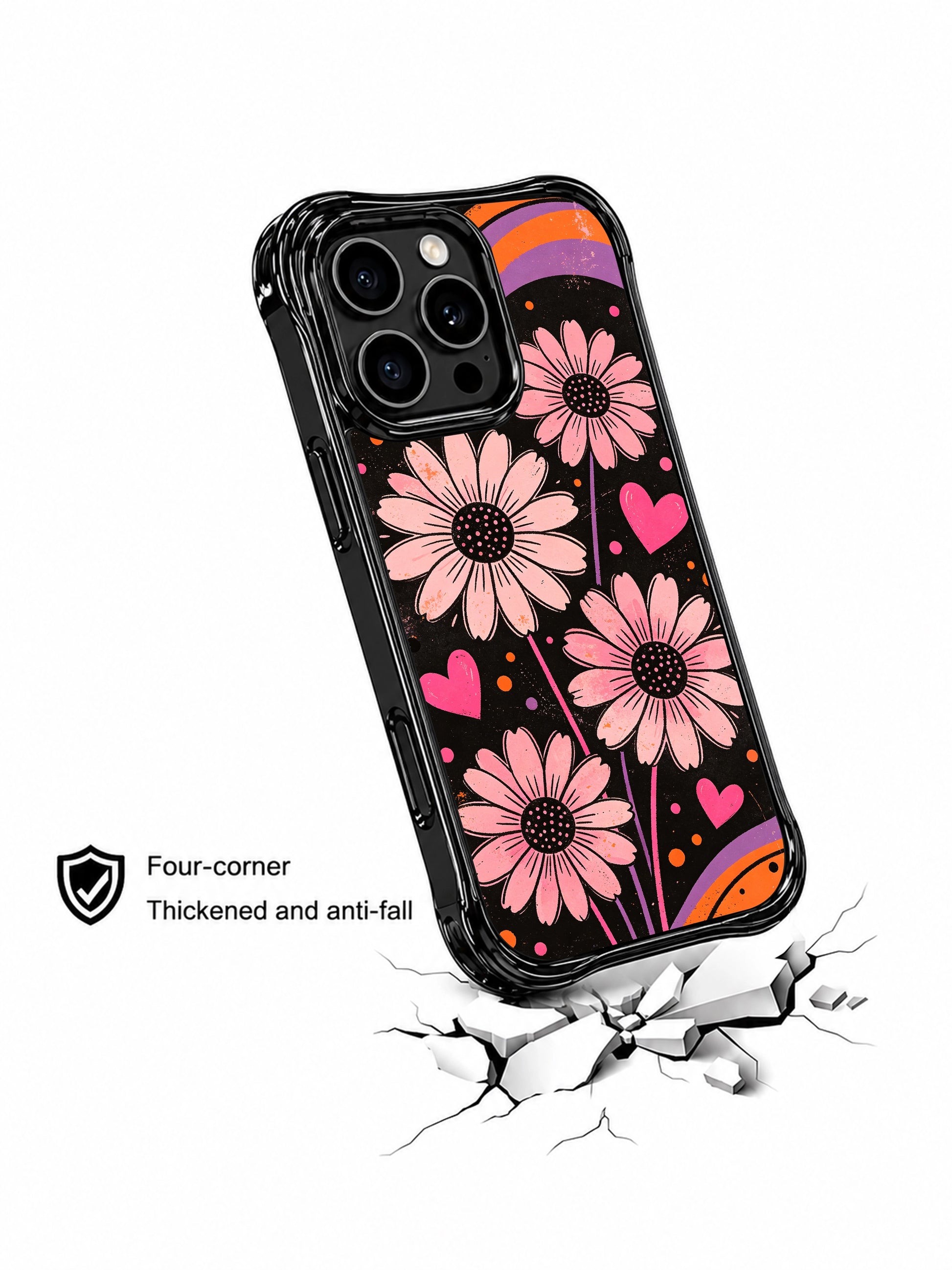 PhoneCasing iPhone 16 pro Case with moody vintage grunge fluid ribbon daisy heart dot graphics balancing delicate blush softness and gritty dark contrast, Ruby Daze hopeful dreamy sweet grunge pop art, California made wavy black phone cover.