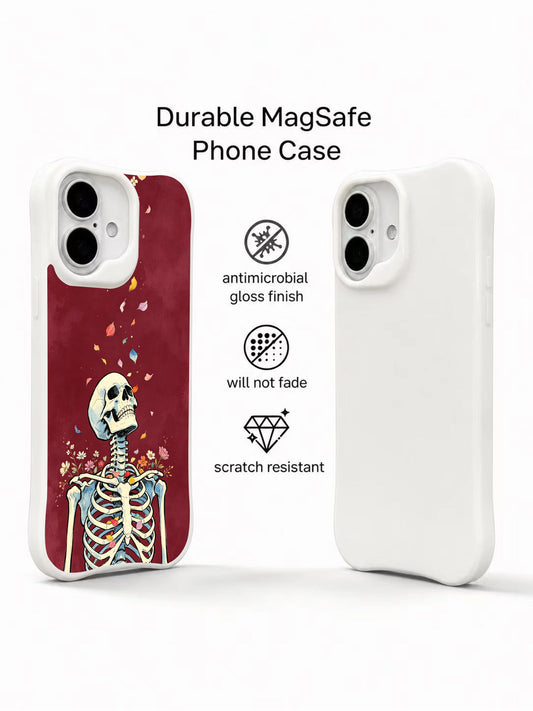 PhoneCasing dark romantic skeleton floral iPhone 16 Case, Morrigan Vale exclusive watercolor print with falling mixed petals & wild daisies, fade resistant anti-drop protective iPhone 16 cover