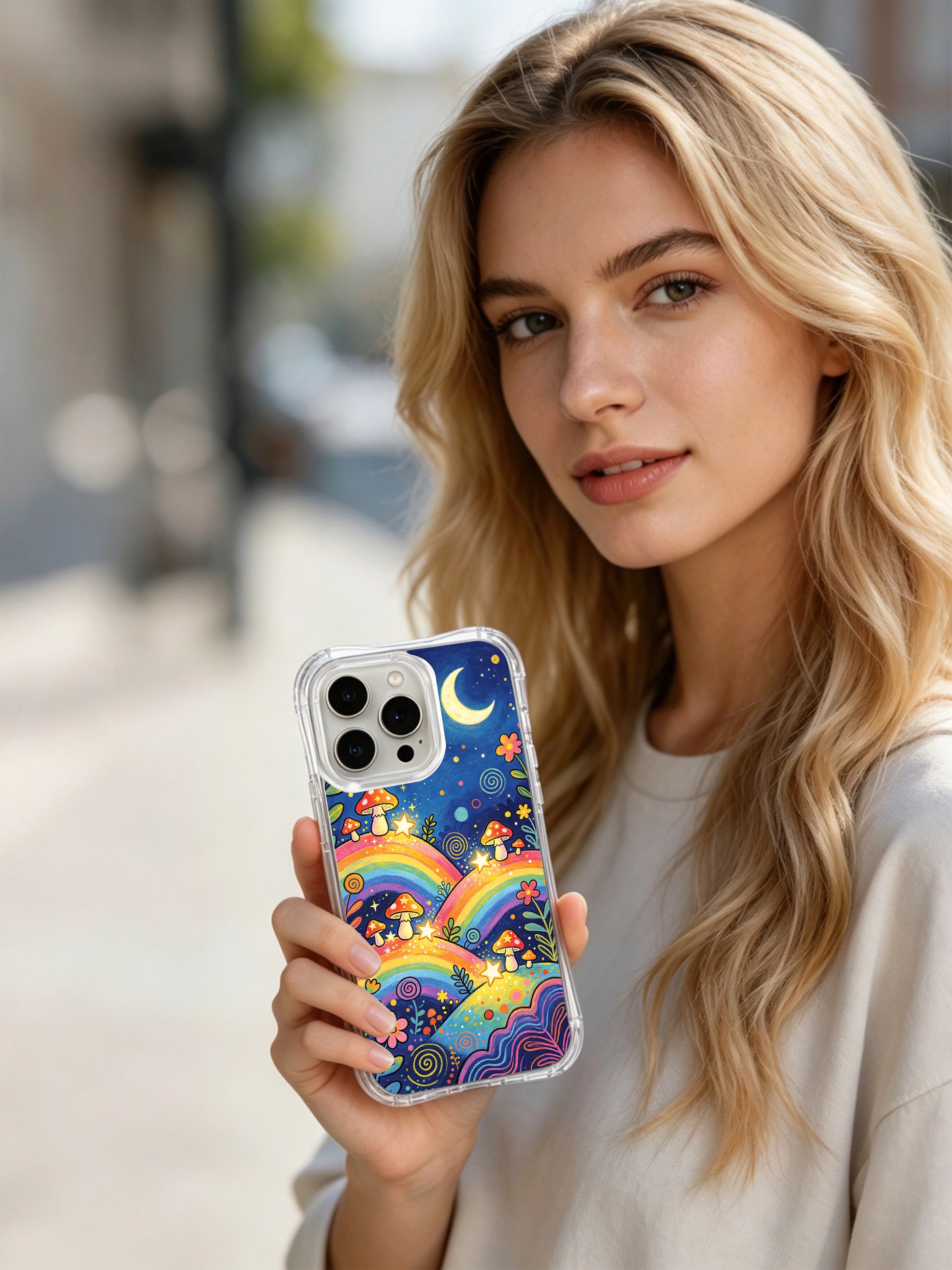 PhoneCasing iPhone 16 pro max Case, collectible fine art casing with deep speckled midnight sky filled with spiral nebula swirls, whimsical rainbow hill terrain home to star-gathering mushroom crew, scratch-proof slim US-made iPhone 16 pro max casing with zero bulky build.